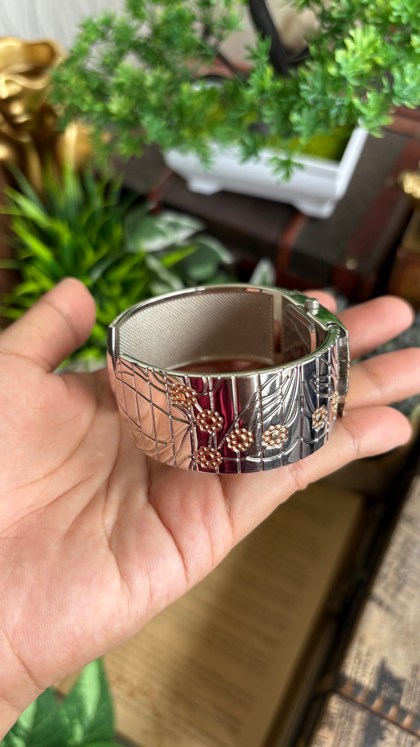 Vintage Bangle Watch in Two-Tone with Flower Accents