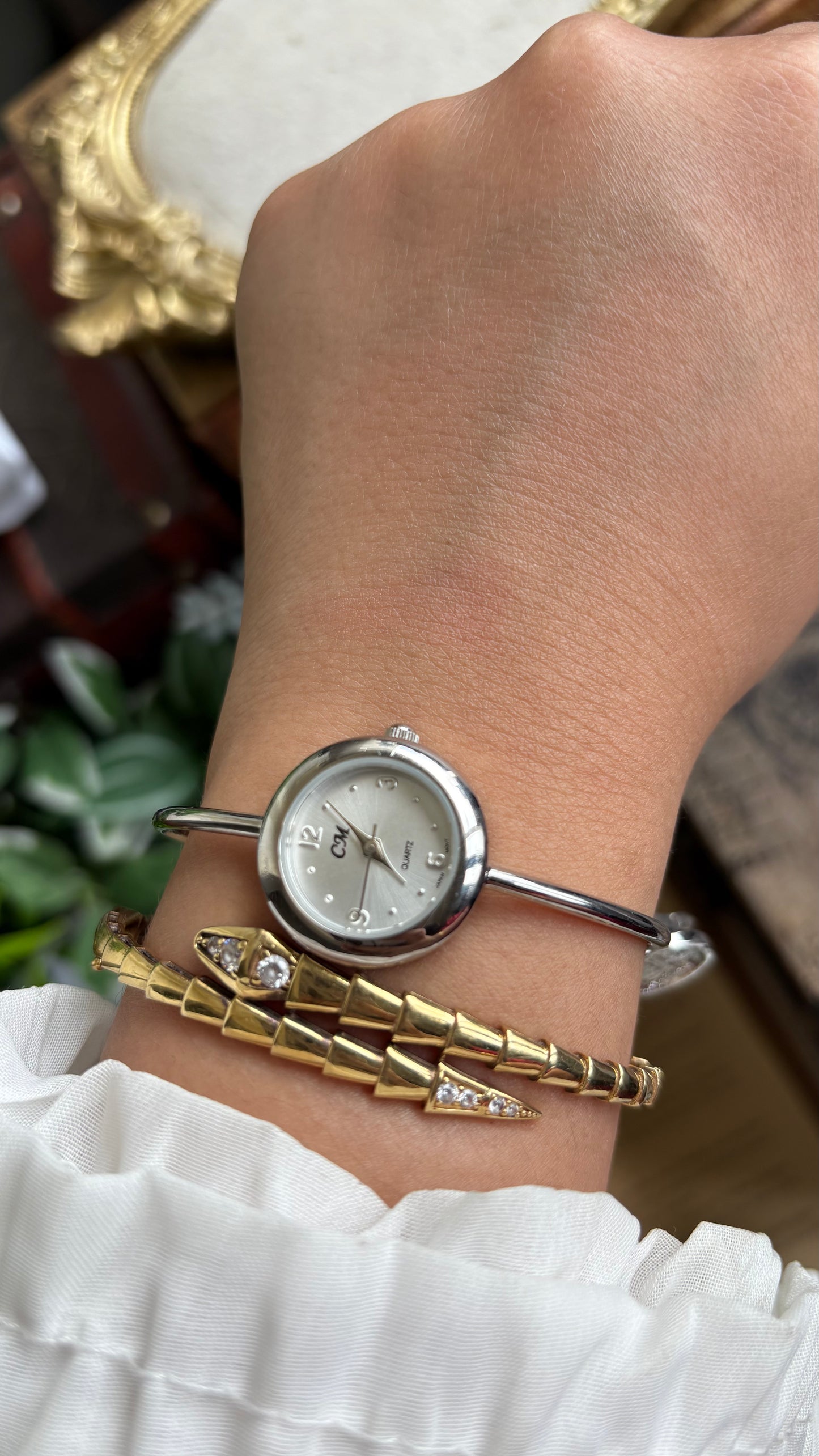 Vintage Dangling Charms Petite Bangle Watch in Silver Tone