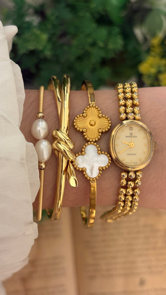 Rare Dainty Vintage Rodania Swiss Bead Bracelet Watch in Gold Tone Quartz