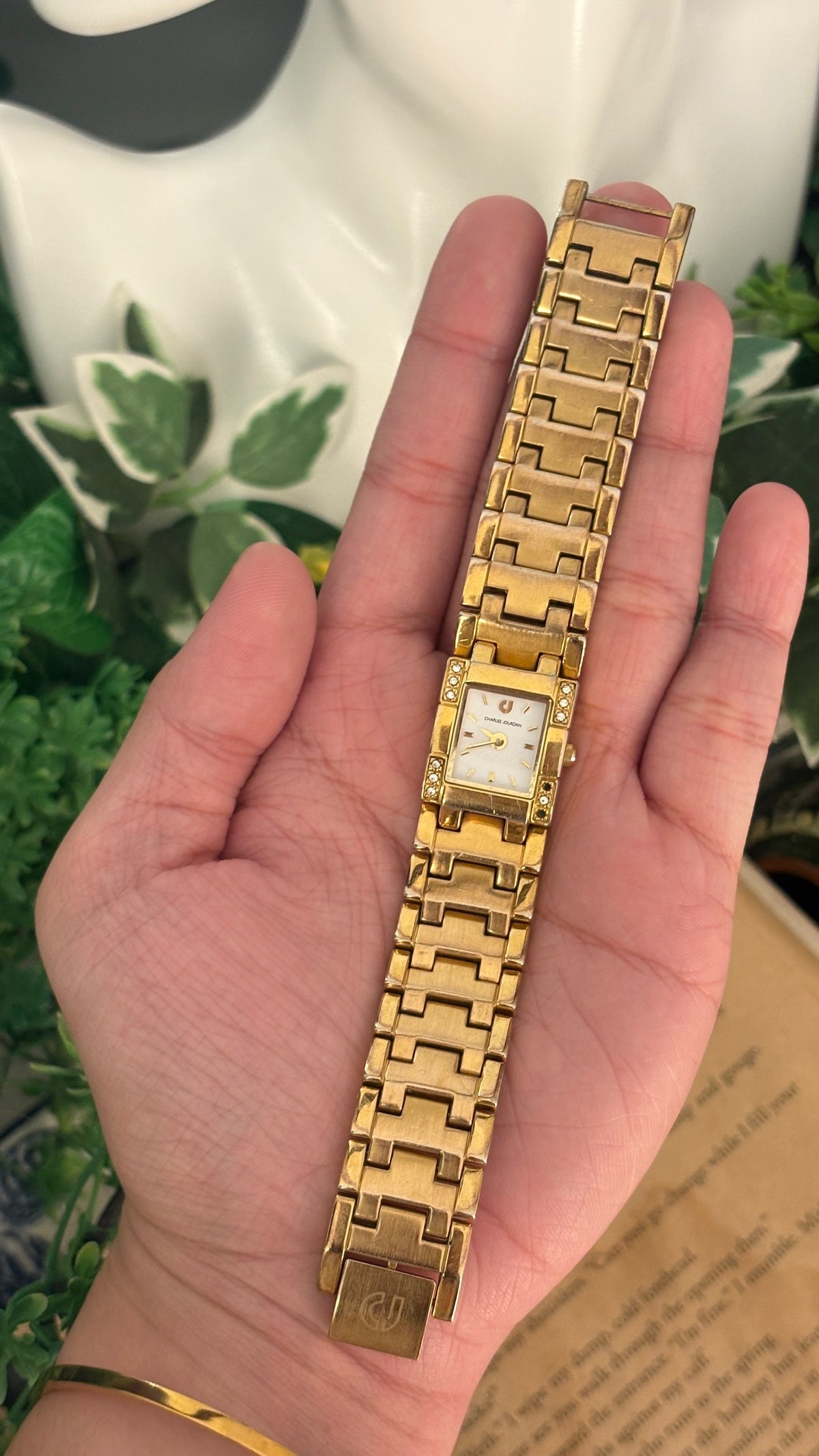 Rare Vintage Charles Jourdan Rhinestone Accent Tank Watch in Gold Tone Quartz