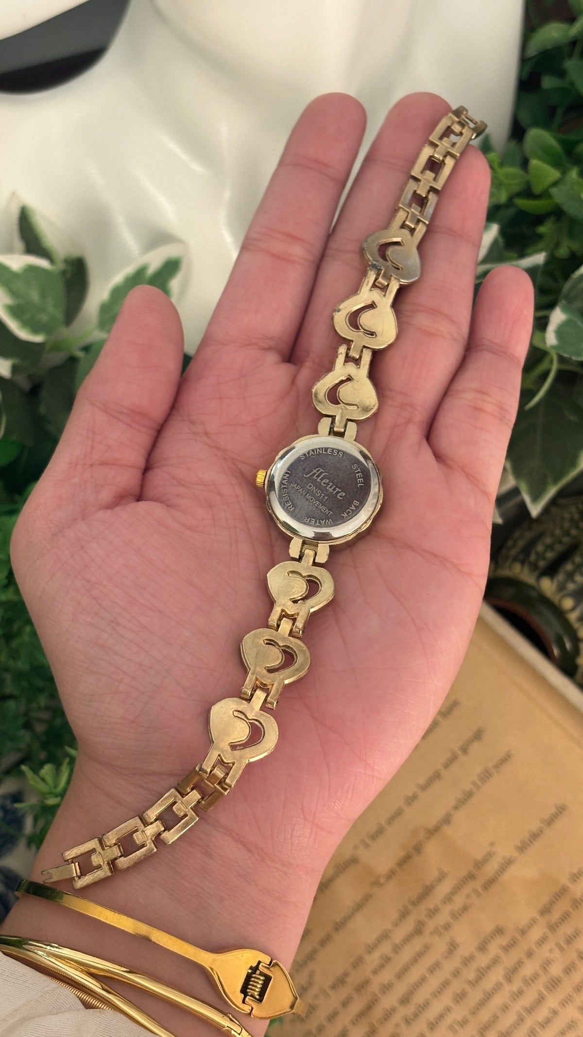 Vintage Flleure Rhinestone Heart Link Watch in Gold Tone Quartz