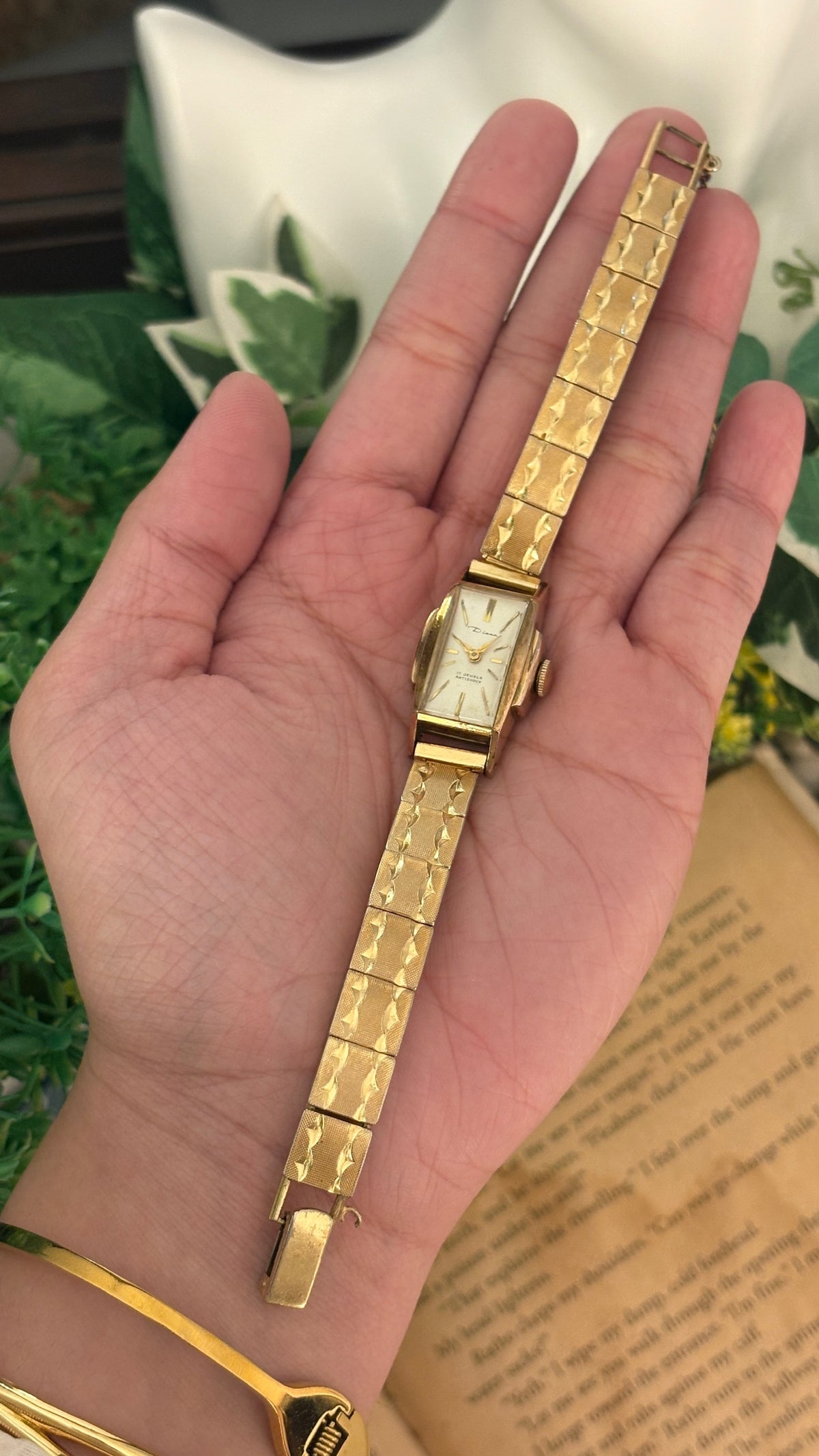 Rare Vintage Diana Manual Winding Slim Tank Watch in Gold Tone