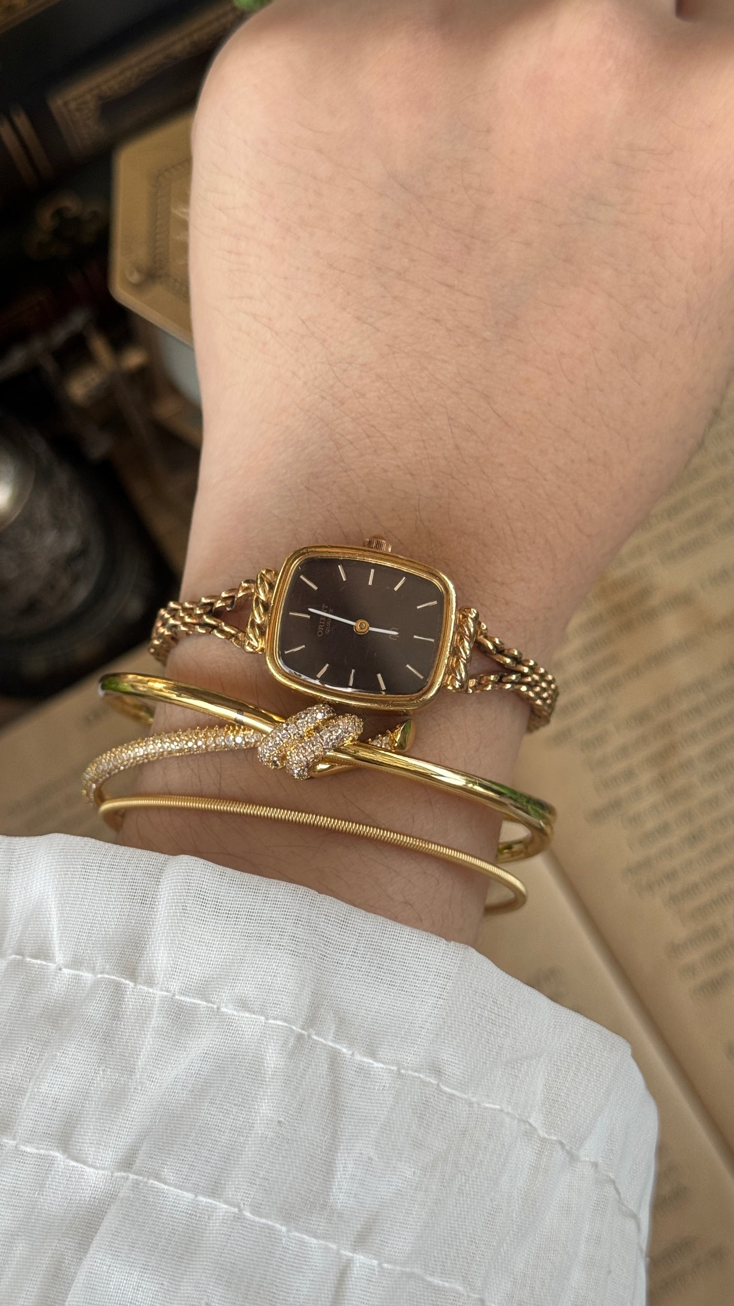 Rare Vintage Orient Rope Mini Tank Watch in Gold Tone Choco Brown Dial Quartz