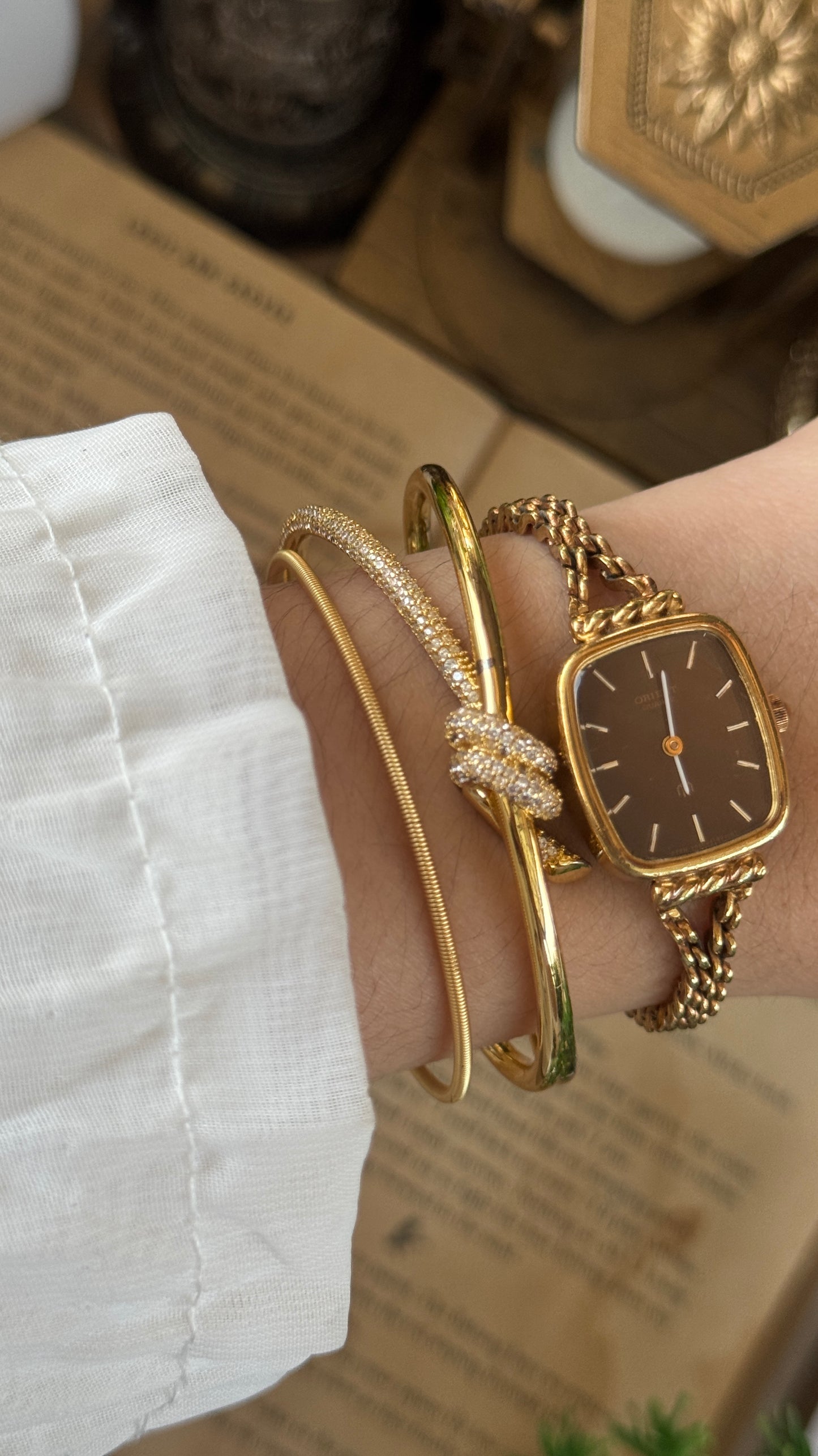 Rare Vintage Orient Rope Mini Tank Watch in Gold Tone Choco Brown Dial Quartz