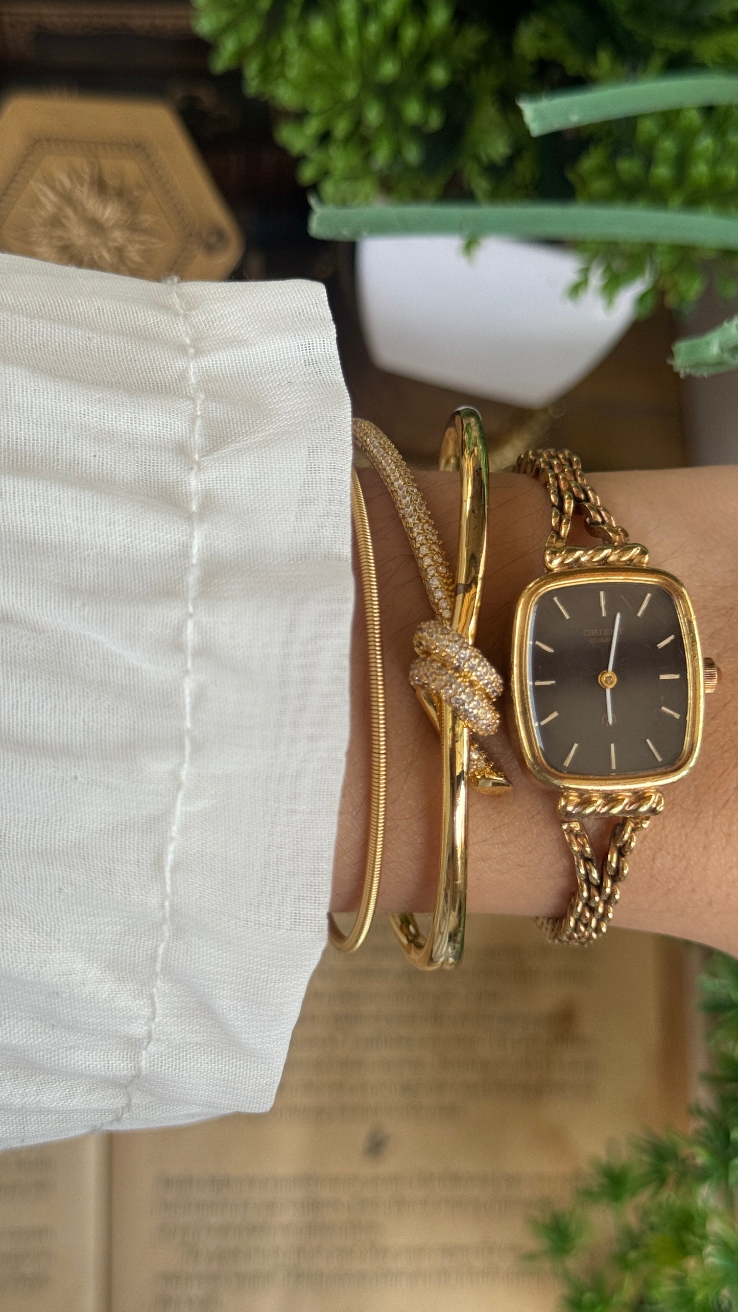 Rare Vintage Orient Rope Mini Tank Watch in Gold Tone Choco Brown Dial Quartz