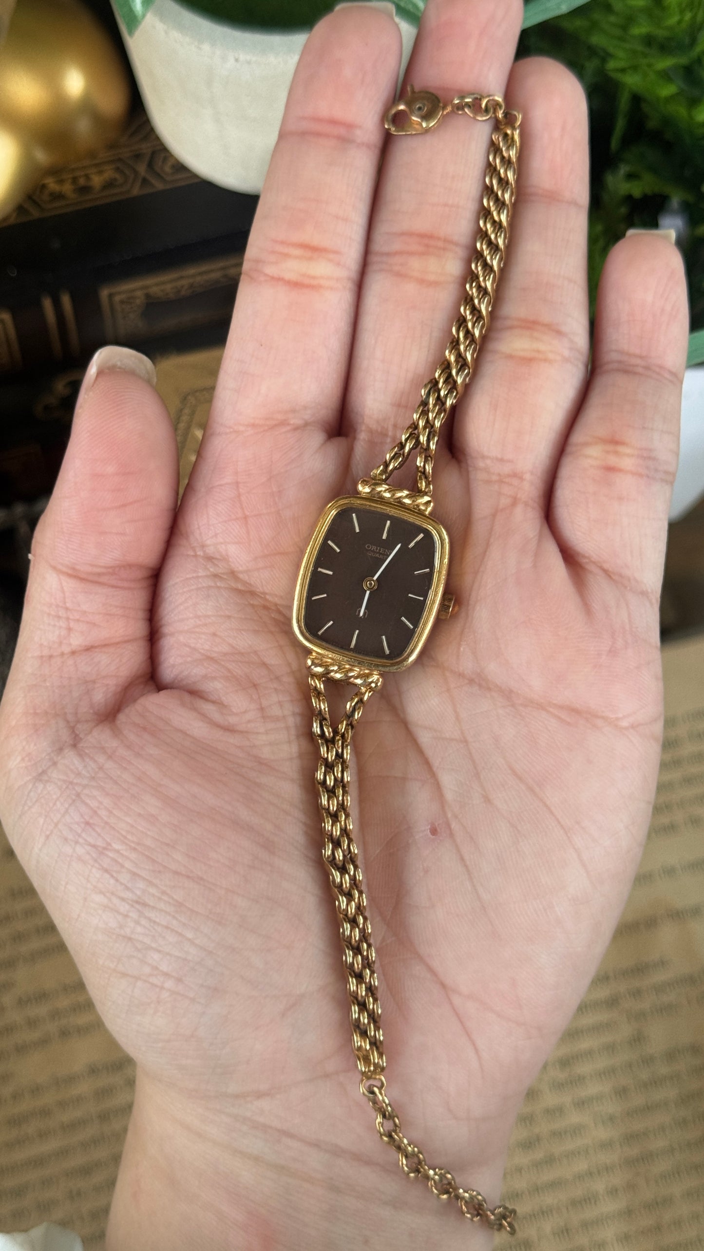 Rare Vintage Orient Rope Mini Tank Watch in Gold Tone Choco Brown Dial Quartz