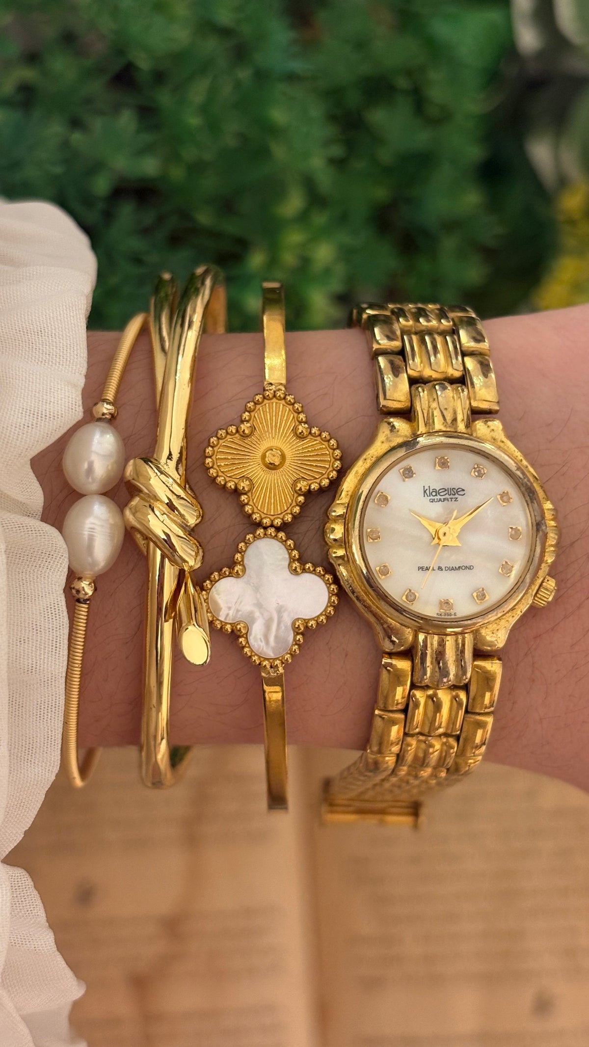 Rare Vintage Klaeuse Pearl and Diamond Diacut Watch in Gold Tone Quartz