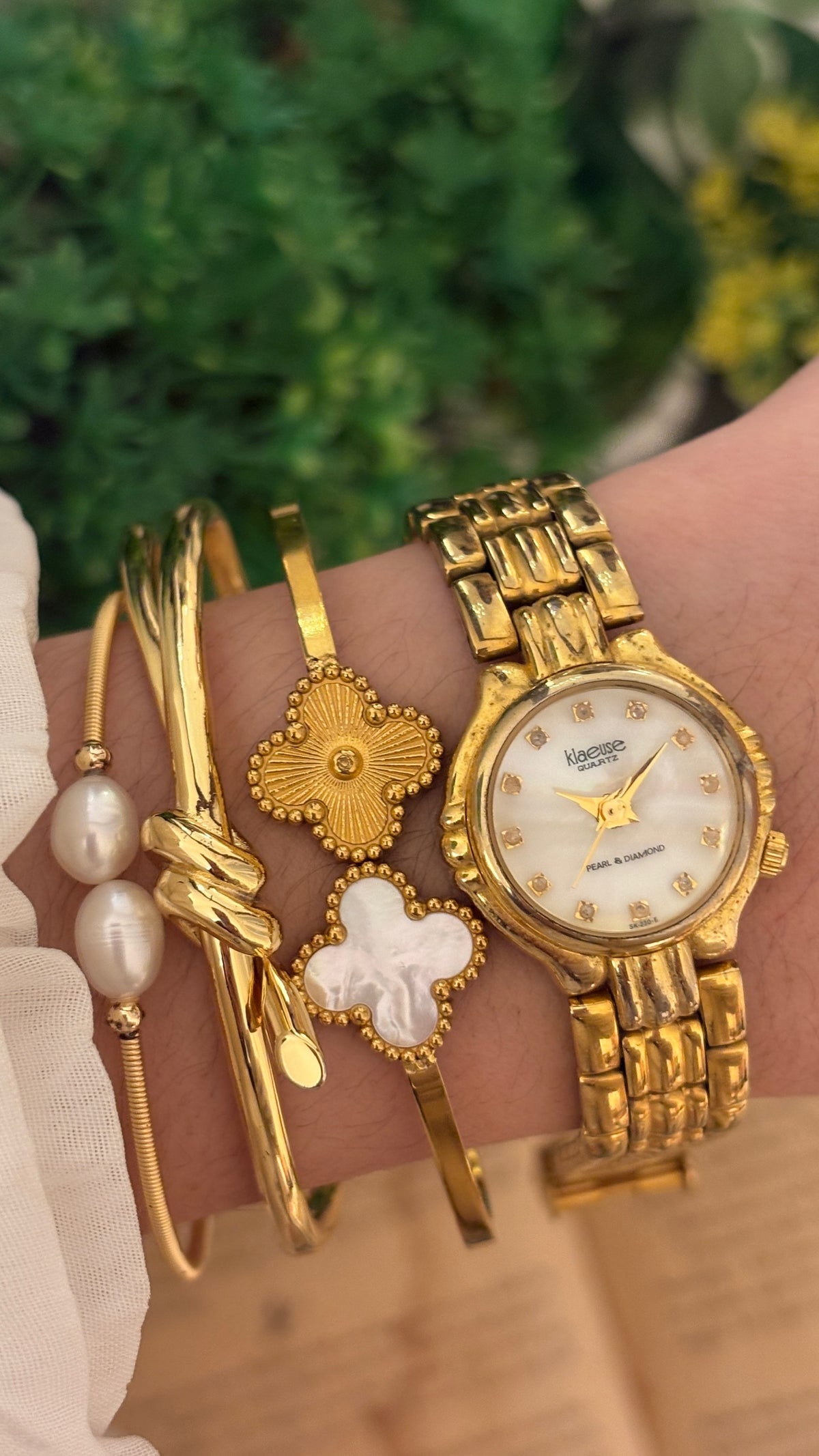 Rare Vintage Klaeuse Pearl and Diamond Diacut Watch in Gold Tone Quartz