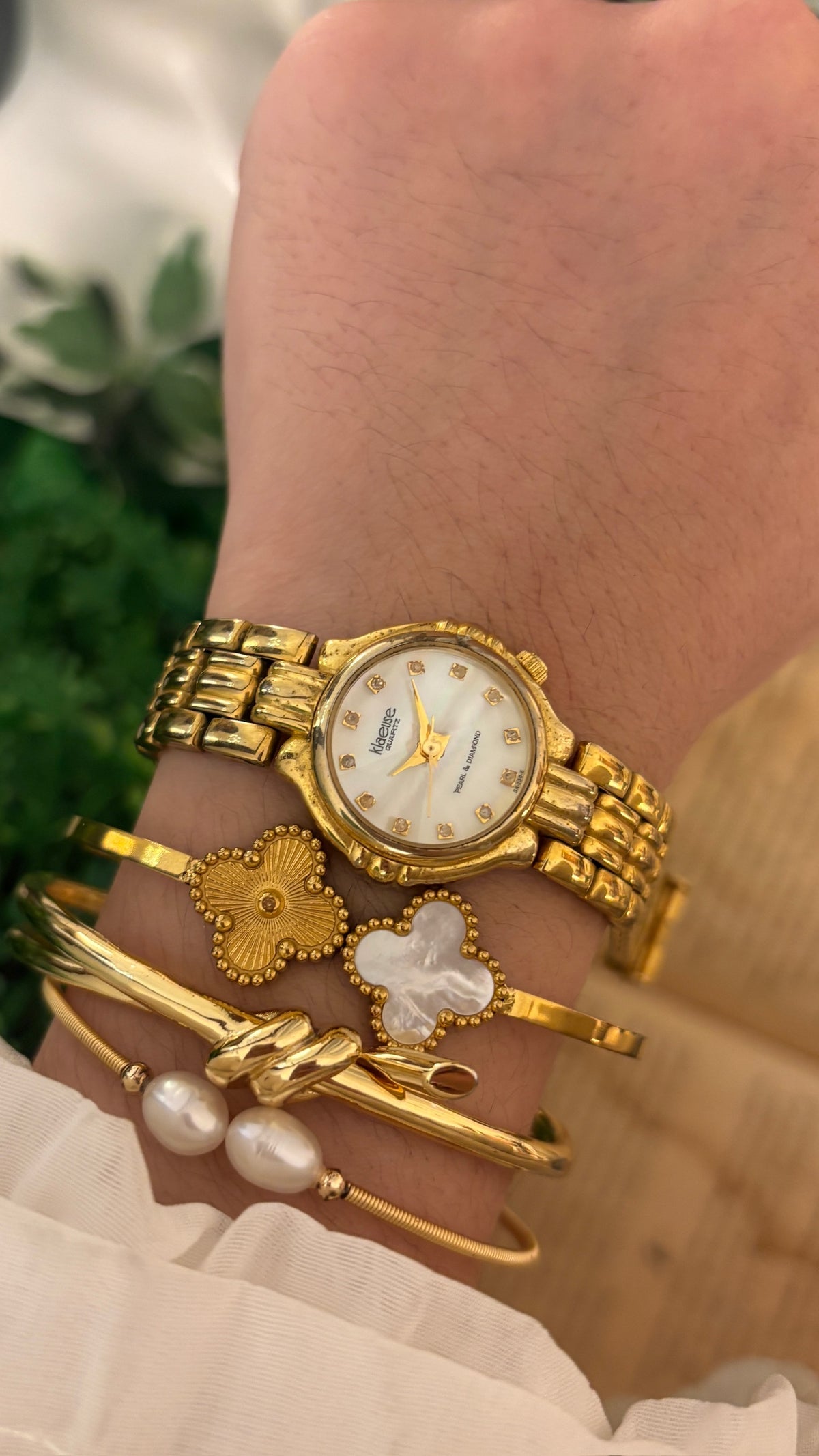 Rare Vintage Klaeuse Pearl and Diamond Diacut Watch in Gold Tone Quartz