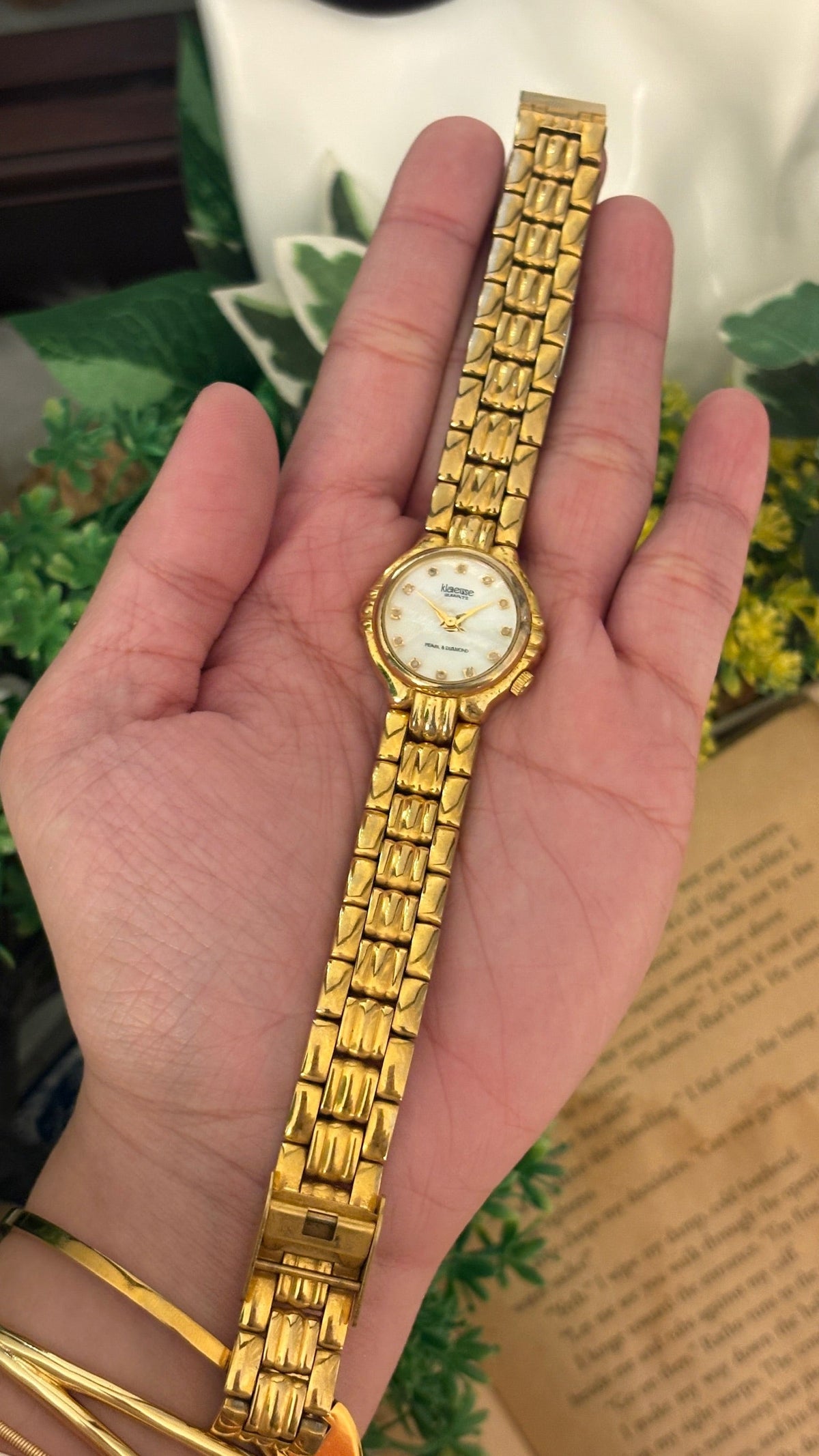 Rare Vintage Klaeuse Pearl and Diamond Diacut Watch in Gold Tone Quartz