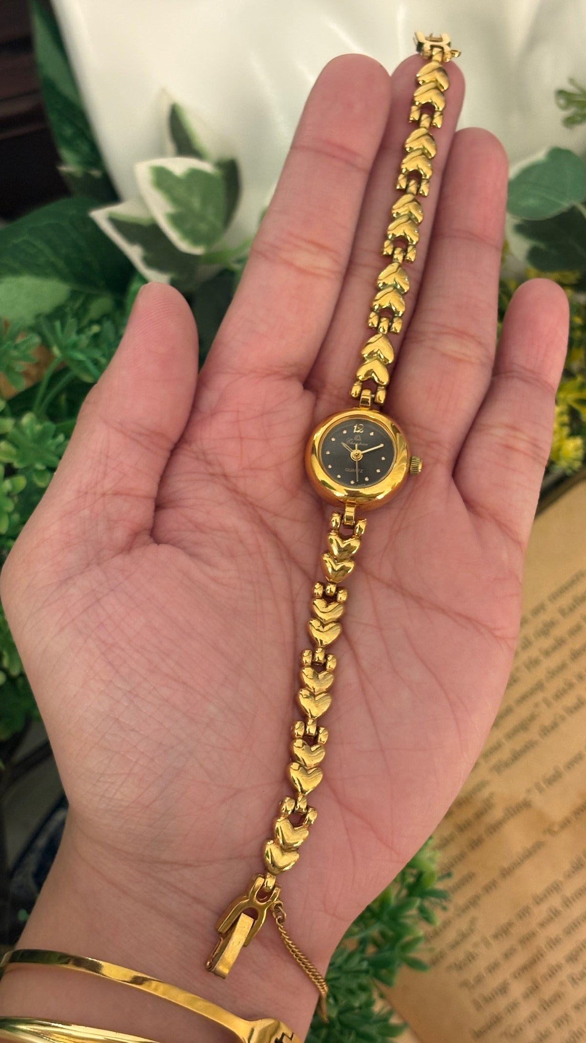 Rare Vintage Champion Black Dial Heart Link Watch in Gold Tone Quartz