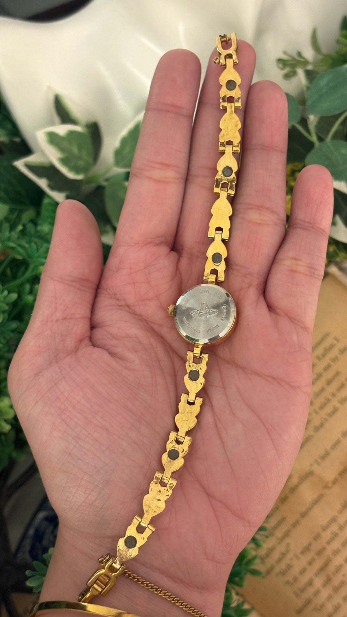 Rare Vintage Champion Black Dial Heart Link Watch in Gold Tone Quartz