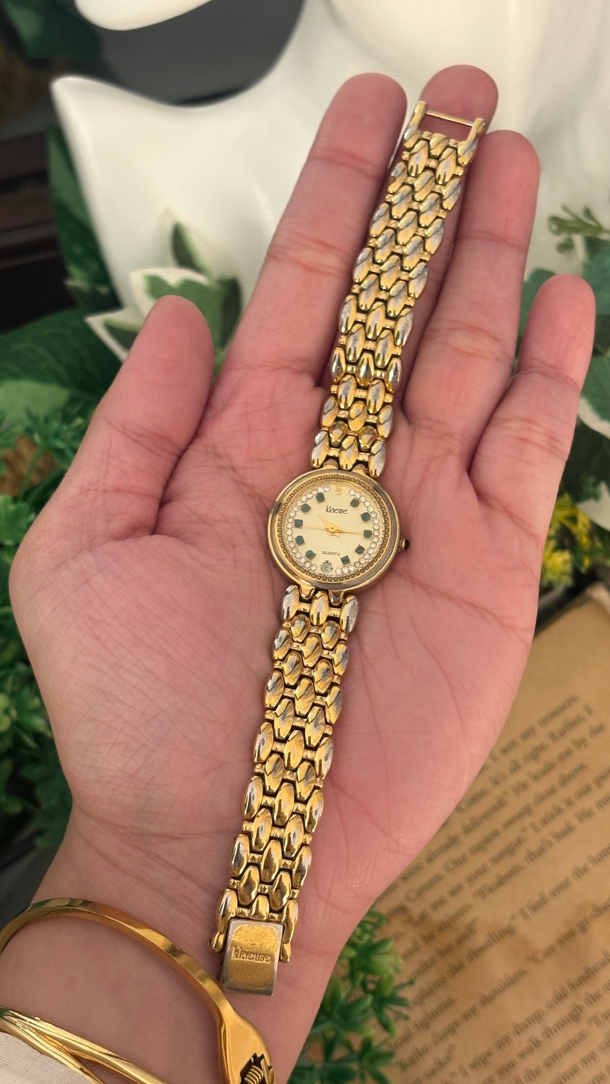 Rare Vintage Klaeuse Rhinestone Indices Watch in Gold Tone Quartz
