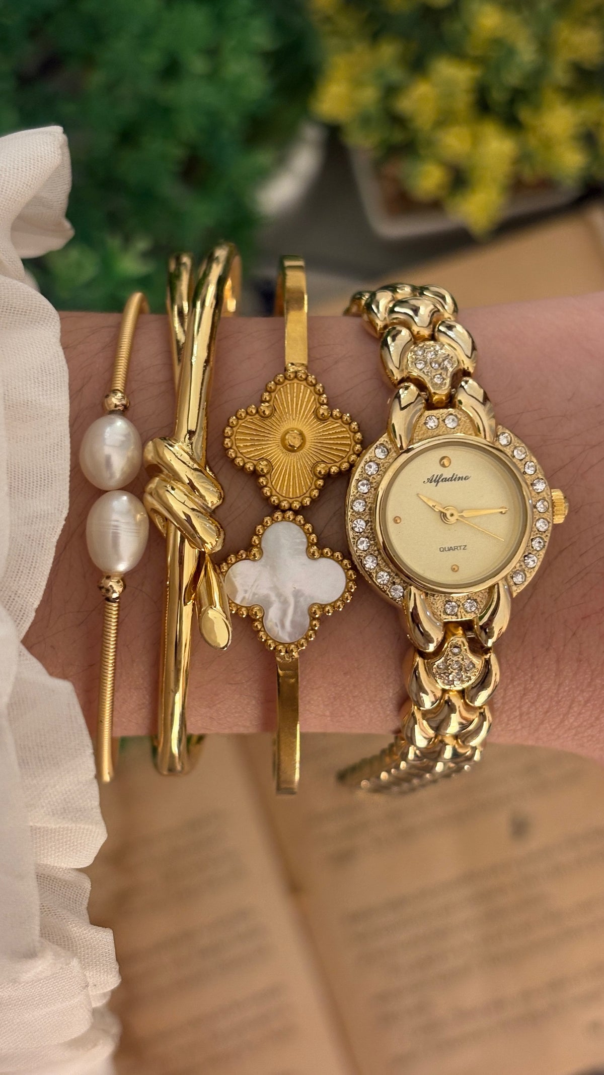 Vintage Alfadino Rhinestone Bracelet Watch in Gold Tone Quartz