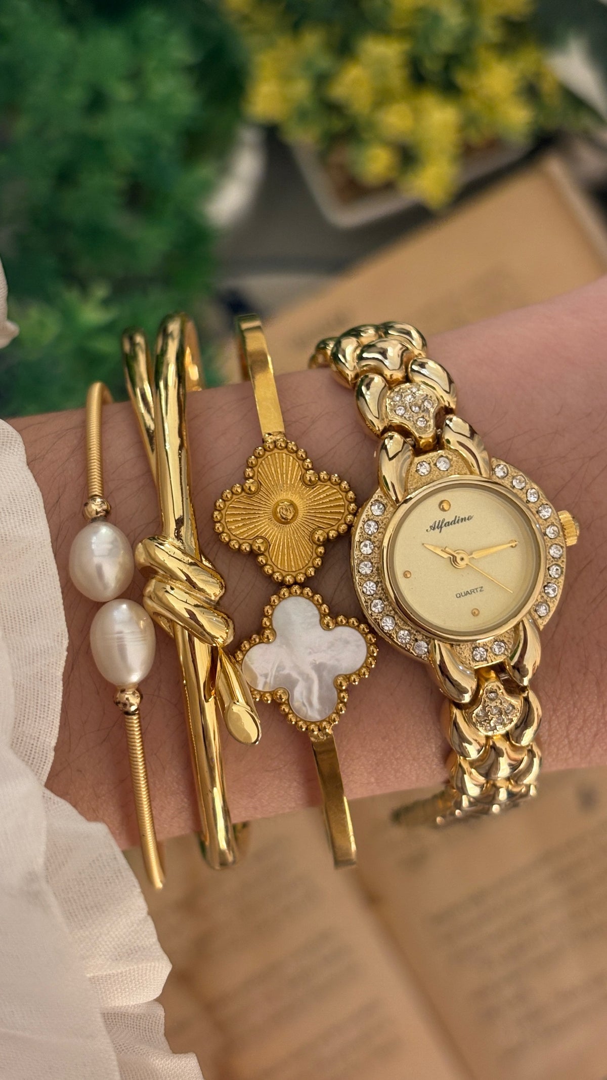 Vintage Alfadino Rhinestone Bracelet Watch in Gold Tone Quartz
