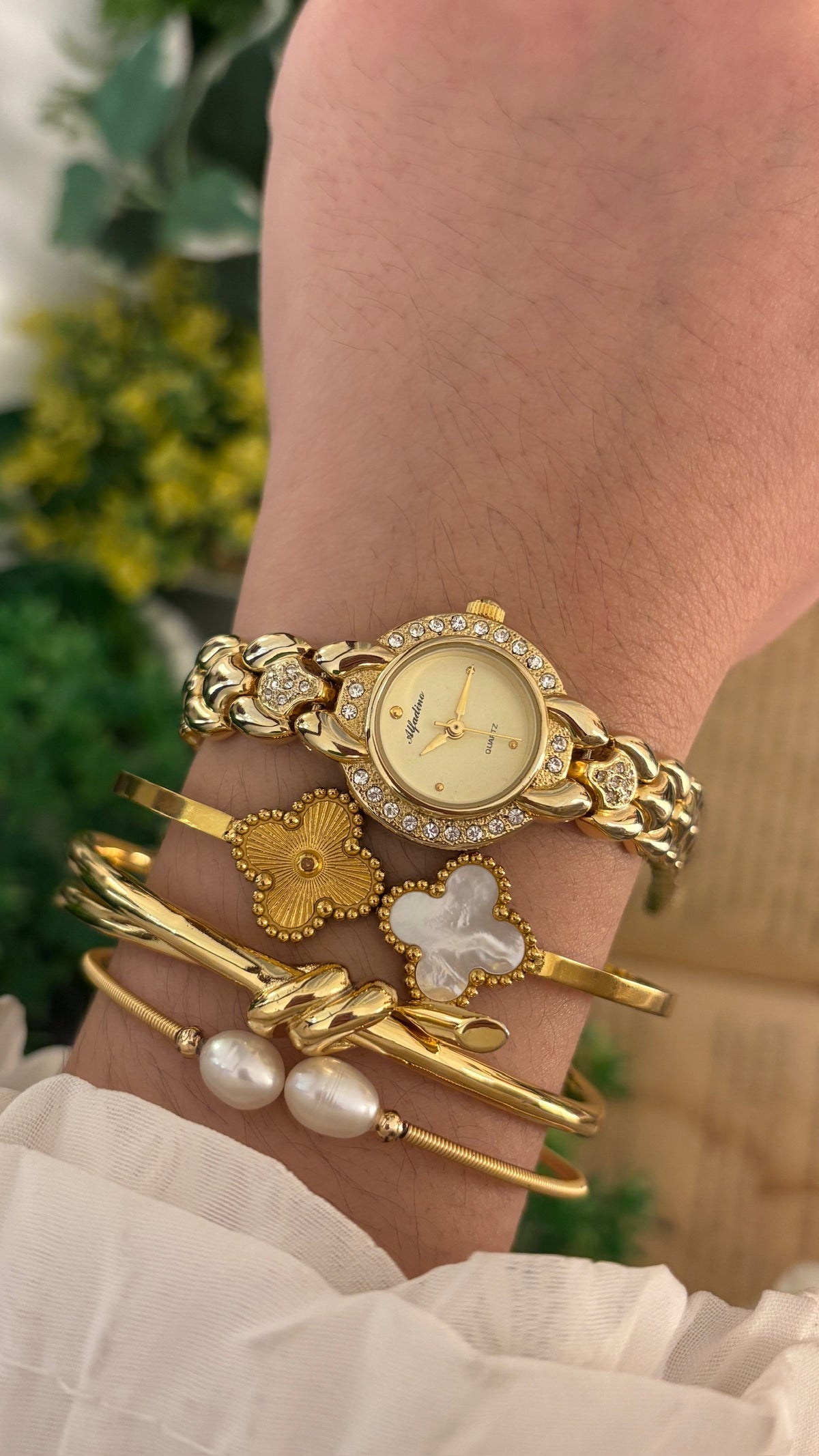 Vintage Alfadino Rhinestone Bracelet Watch in Gold Tone Quartz
