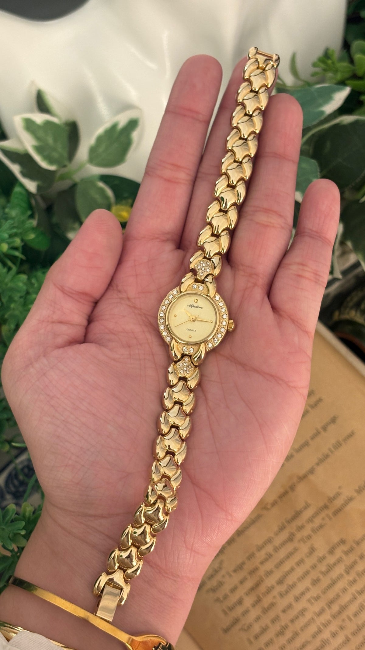 Vintage Alfadino Rhinestone Bracelet Watch in Gold Tone Quartz
