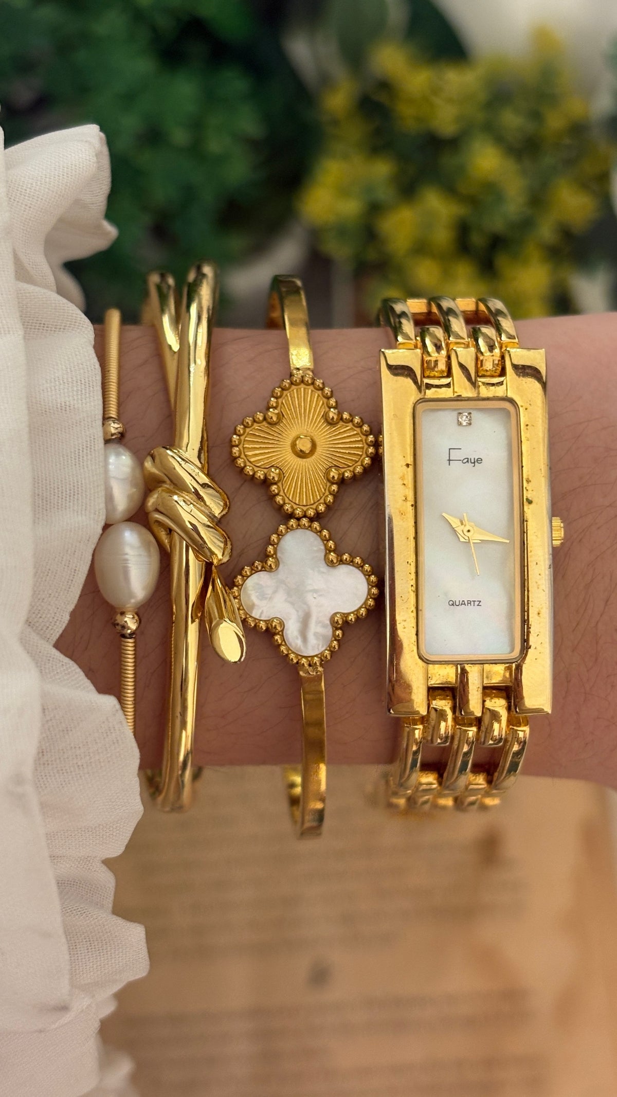 Vintage Faye Mother of Pearl Dial Tank Watch in Gold Tone Quartz