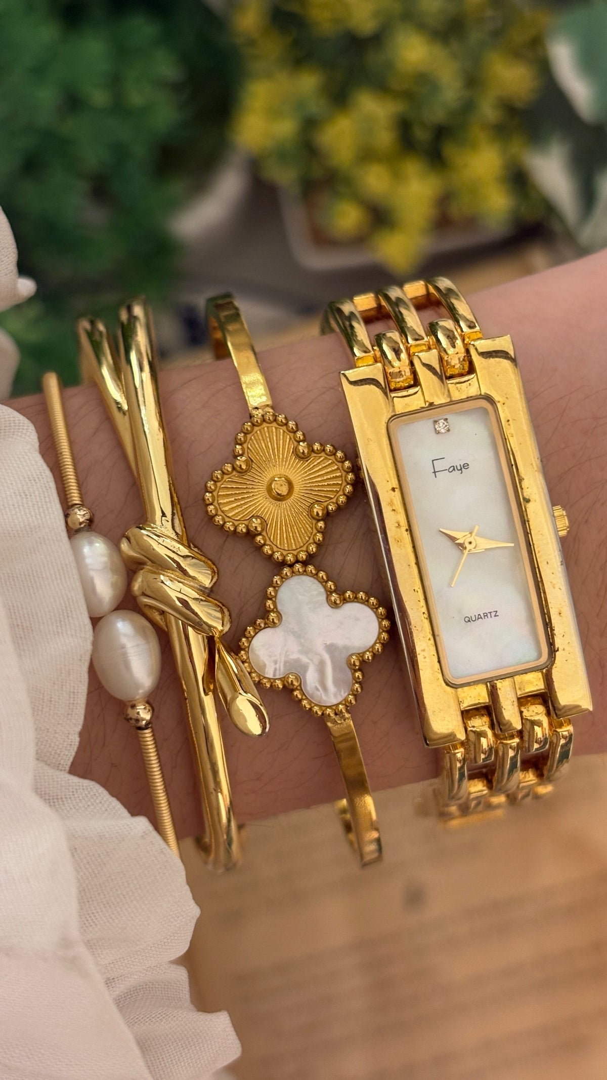 Vintage Faye Mother of Pearl Dial Tank Watch in Gold Tone Quartz