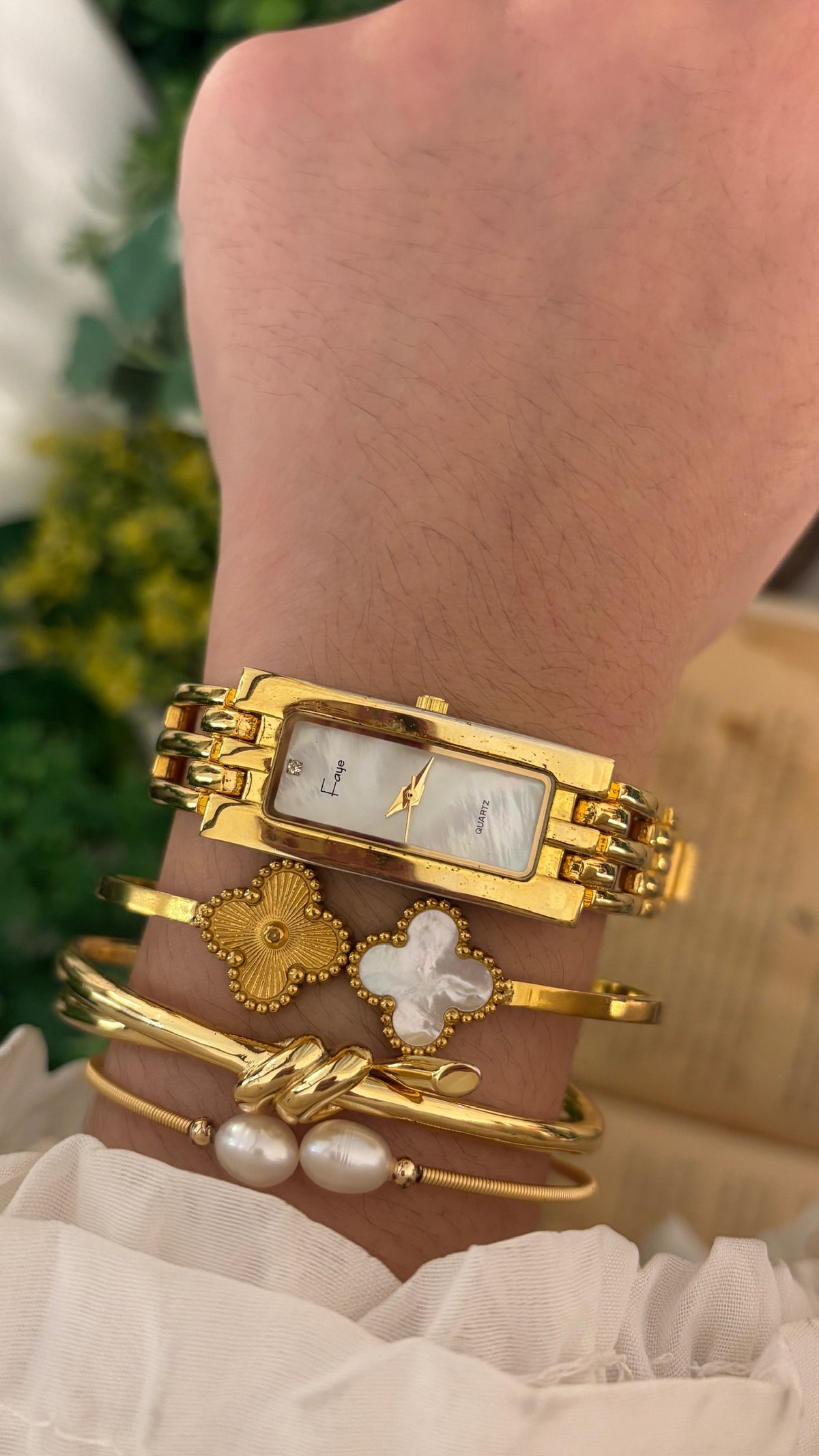 Vintage Faye Mother of Pearl Dial Tank Watch in Gold Tone Quartz