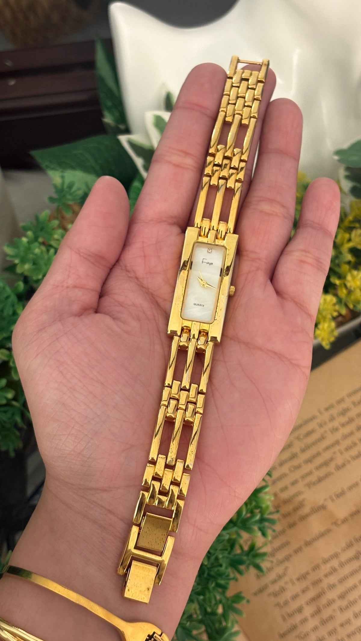 Vintage Faye Mother of Pearl Dial Tank Watch in Gold Tone Quartz