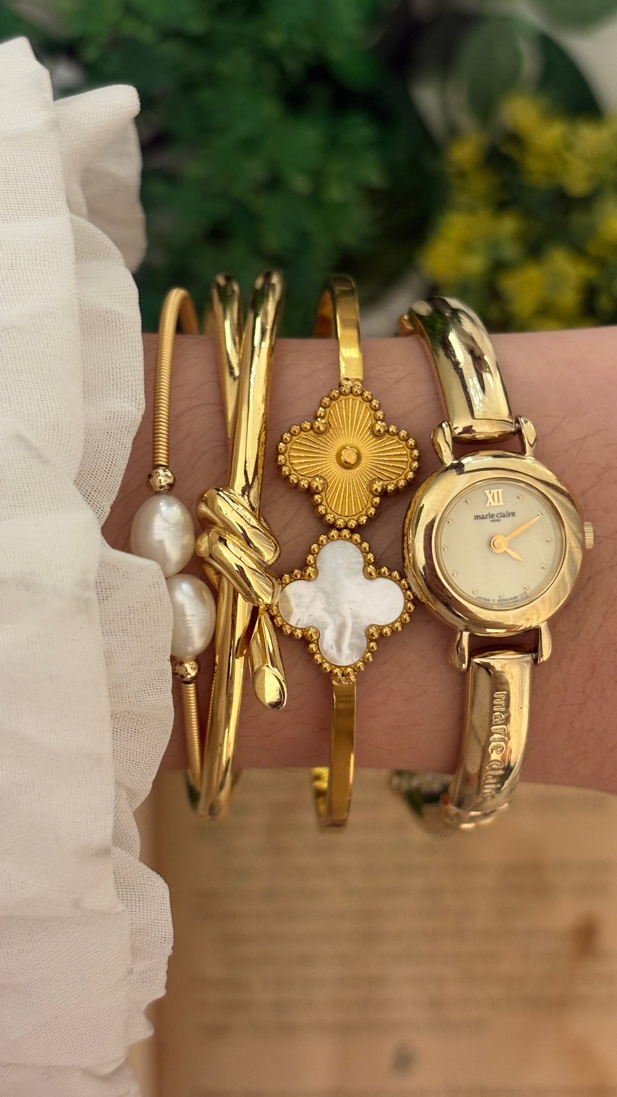 Rare Dainty Vintage Marie Claire Bangle Watch in Gold Tone Quartz