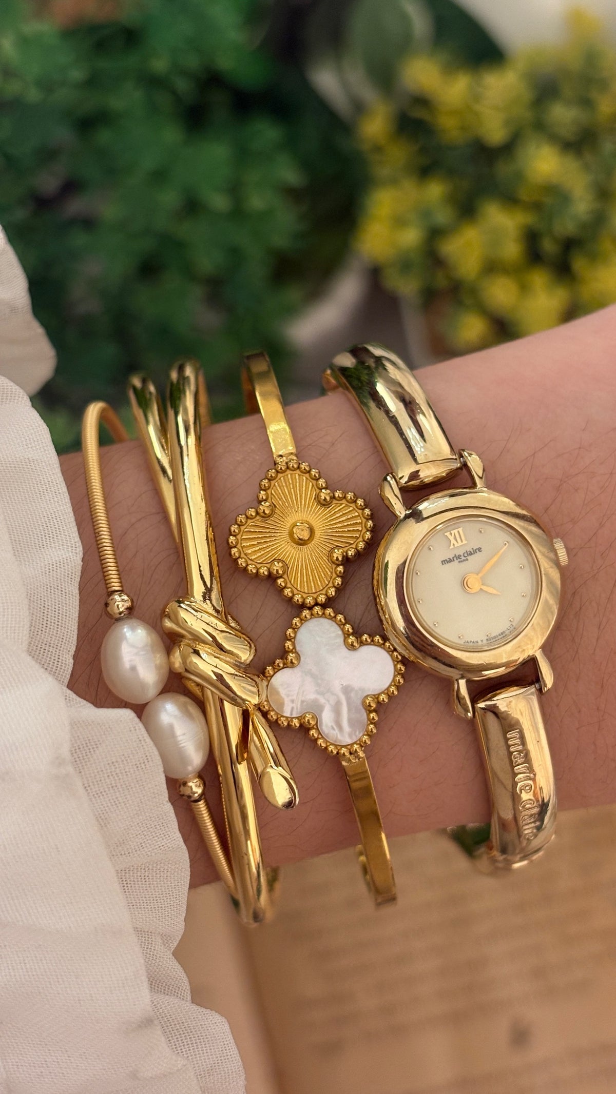 Rare Dainty Vintage Marie Claire Bangle Watch in Gold Tone Quartz