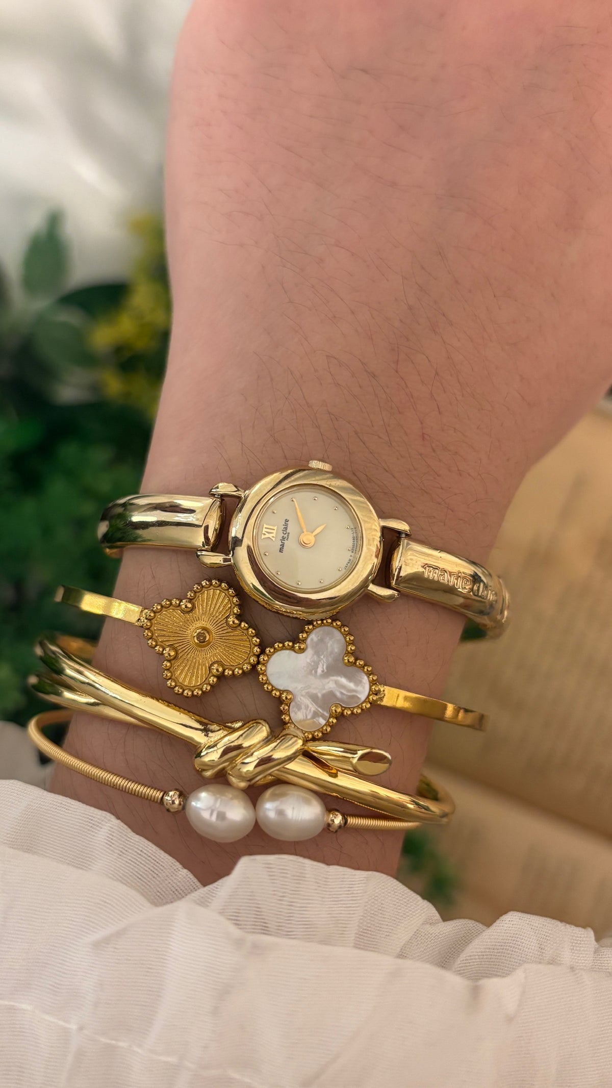 Rare Dainty Vintage Marie Claire Bangle Watch in Gold Tone Quartz