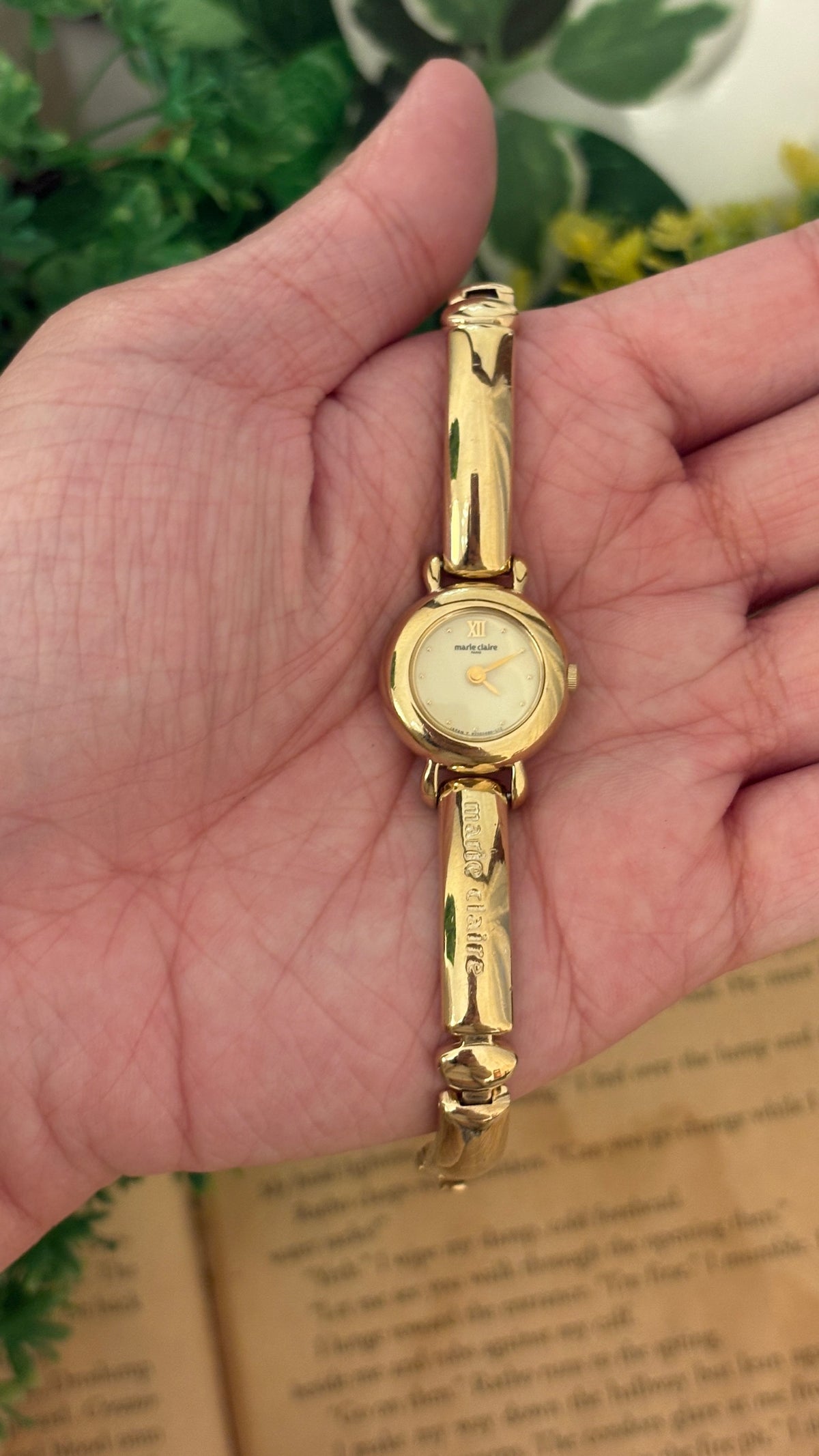Rare Dainty Vintage Marie Claire Bangle Watch in Gold Tone Quartz