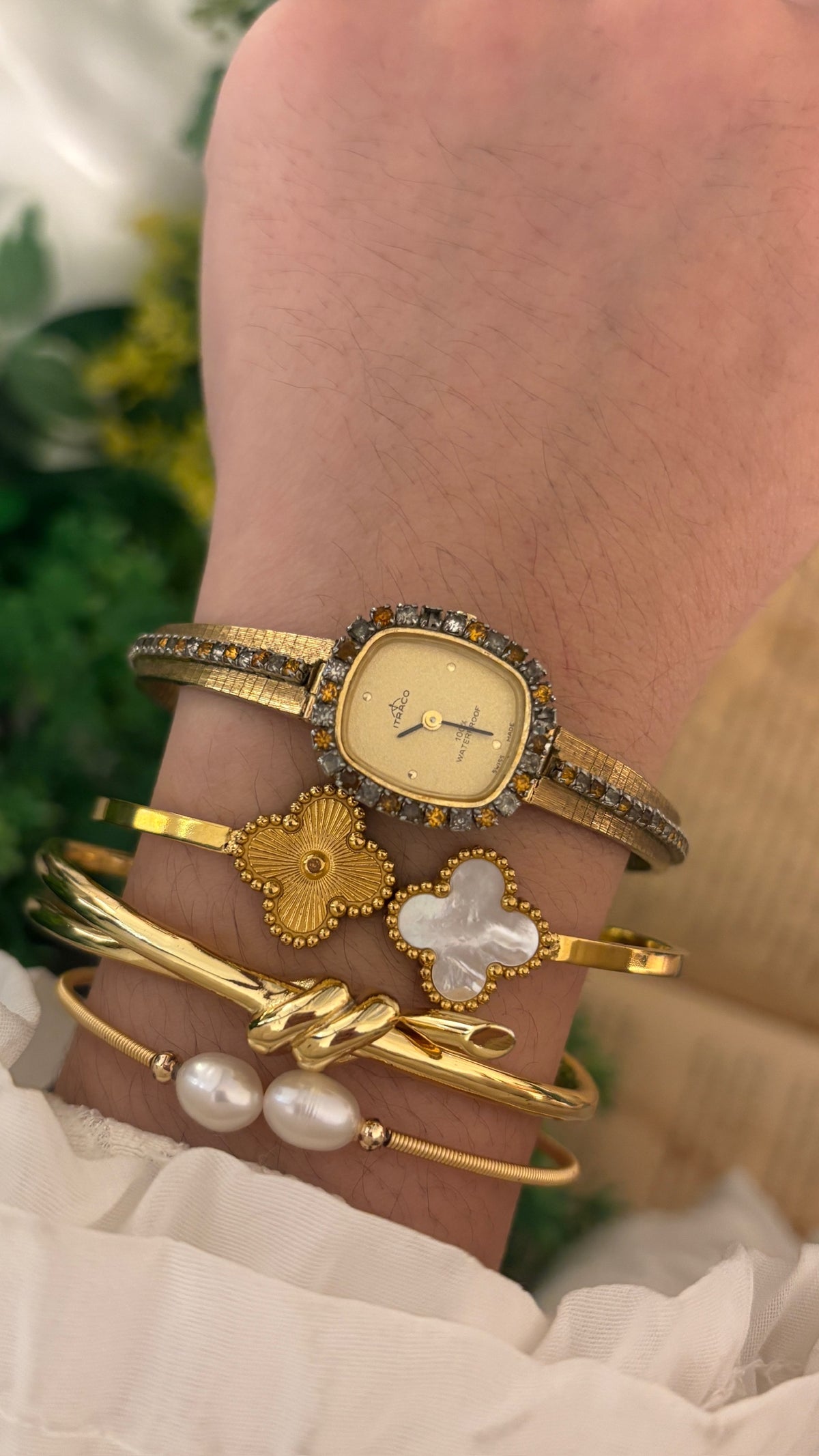 Rare Vintage Itraco Multi-Gem Accent Mini Tank Dress Watch in Gold Tone Quartz
