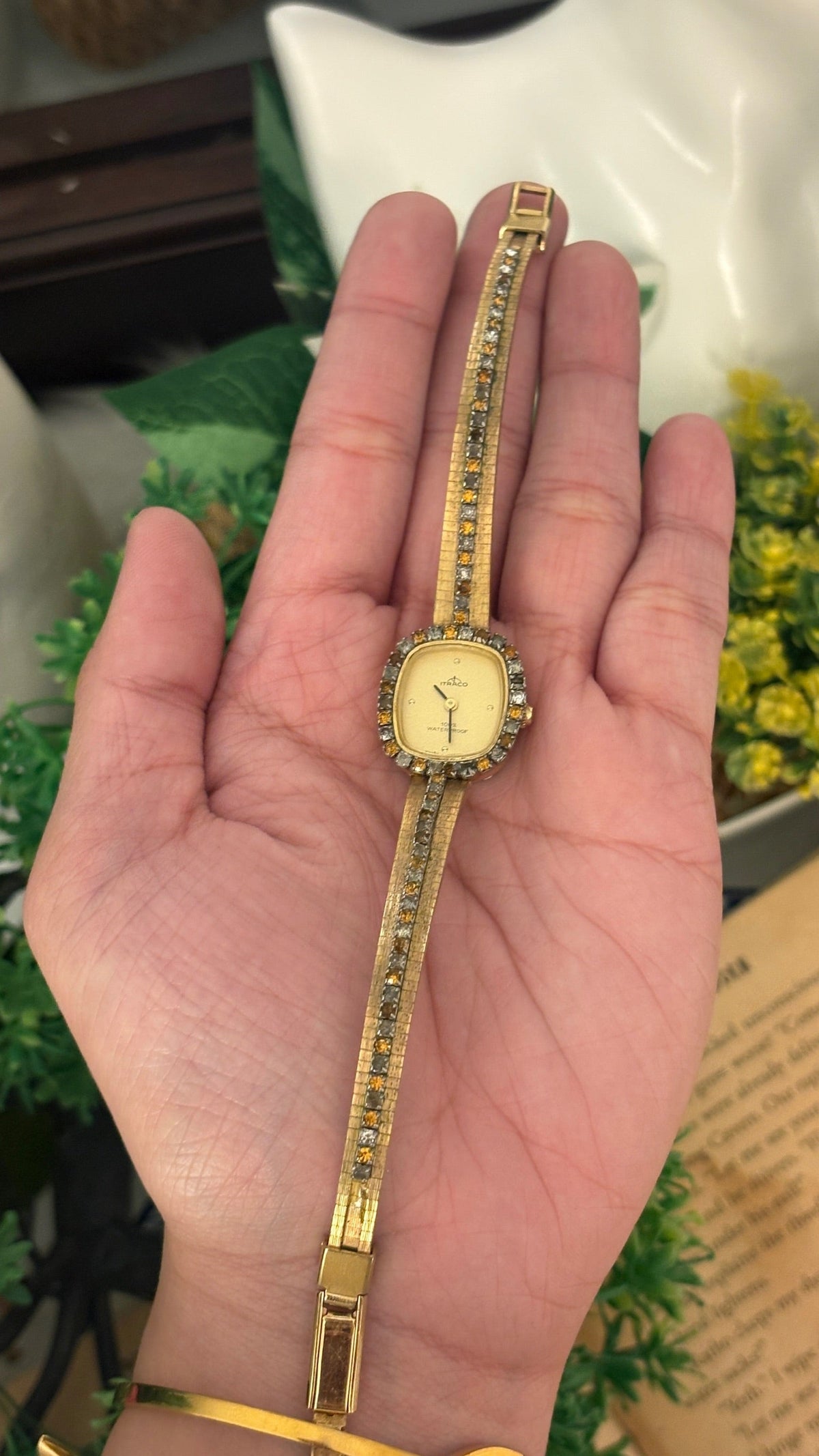 Rare Vintage Itraco Multi-Gem Accent Mini Tank Dress Watch in Gold Tone Quartz