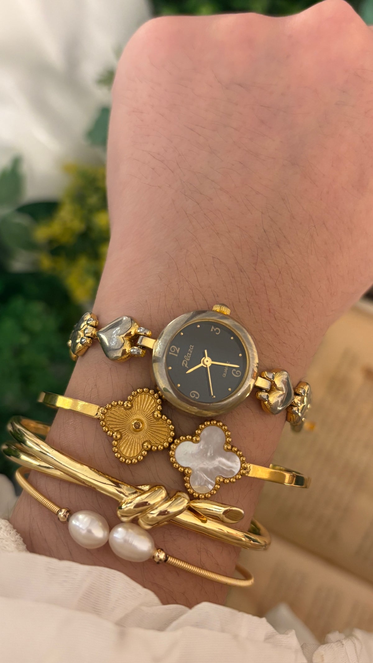 Rare Vintage Plaza Black Dial Heart Link Watch in Gold Tone Quartz