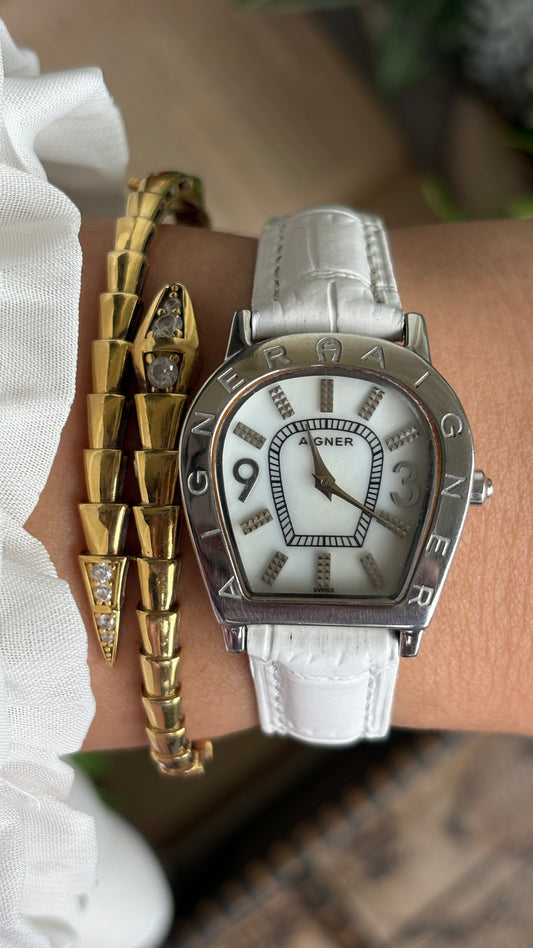 Extremely Rare Vintage Aigner Women’s Dress Watch in White Leather Strap