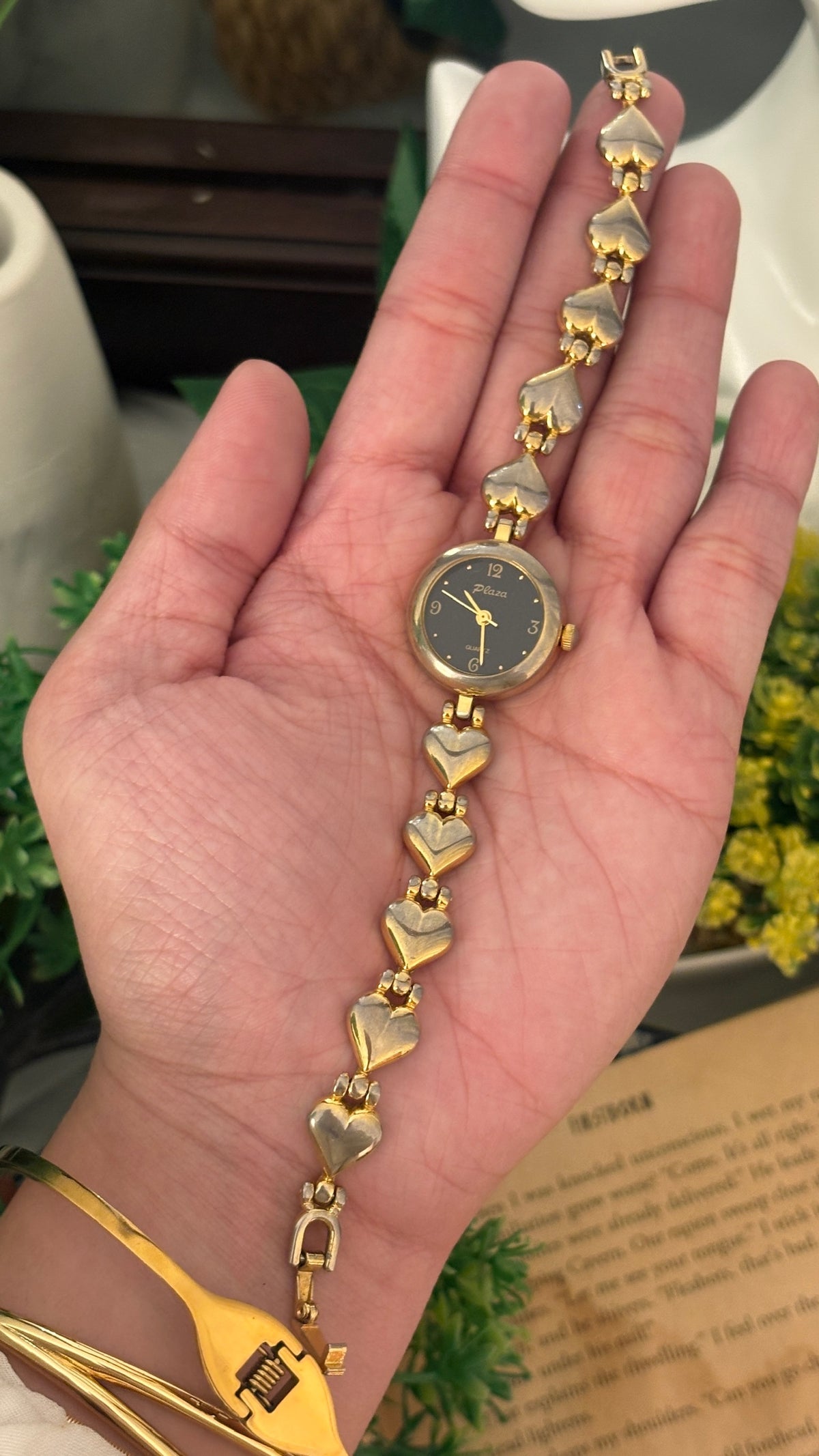 Rare Vintage Plaza Black Dial Heart Link Watch in Gold Tone Quartz