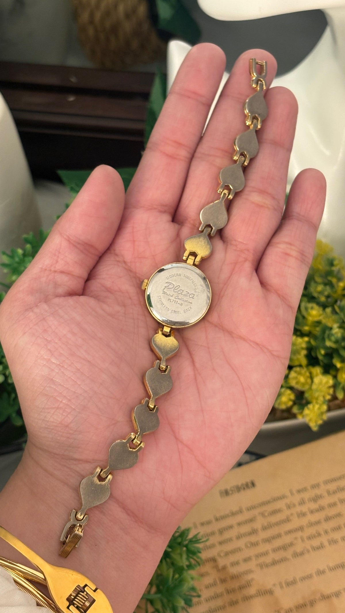 Rare Vintage Plaza Black Dial Heart Link Watch in Gold Tone Quartz