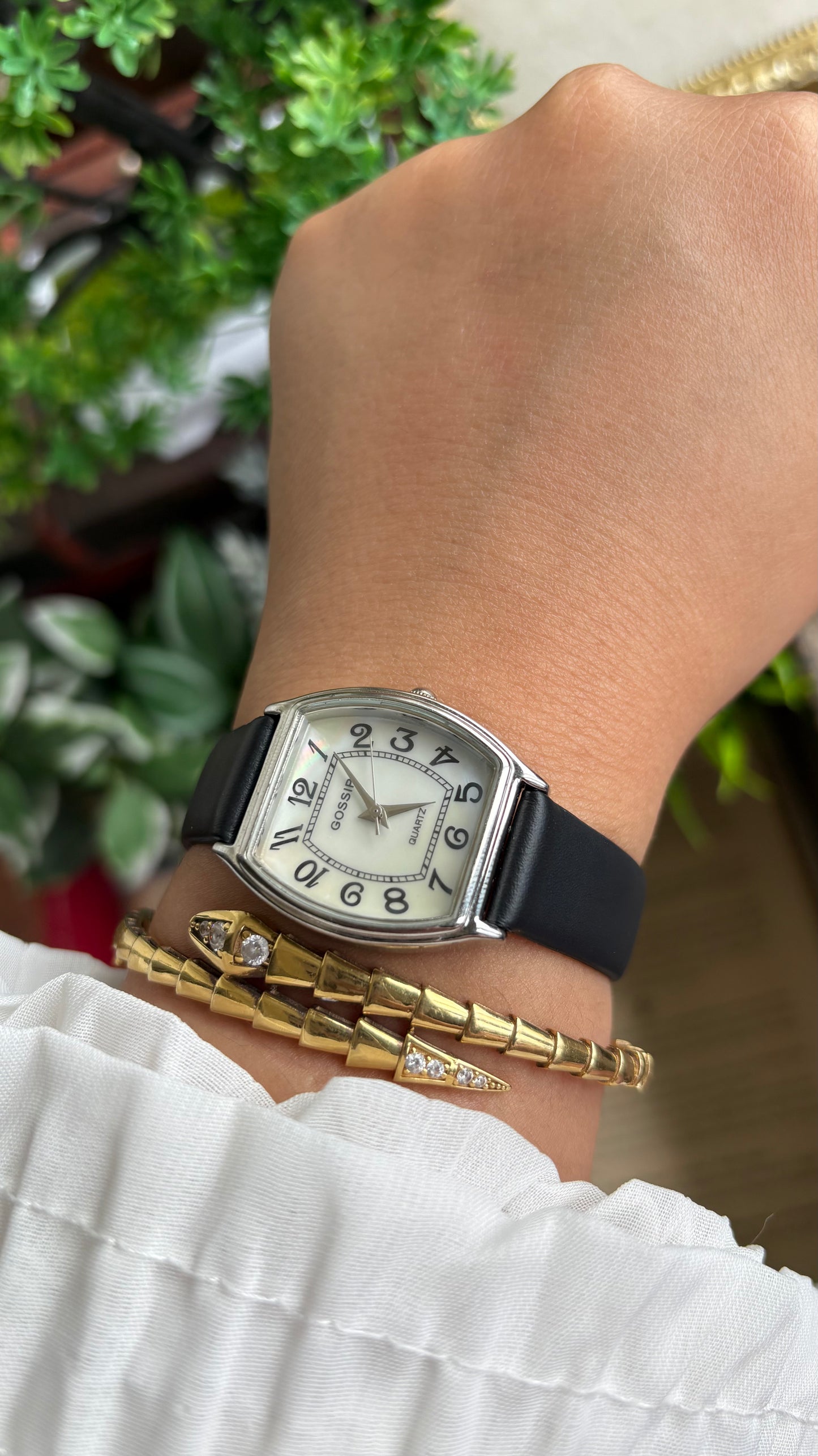 Vintage Gossip Watch in Black Leather Strap Pearl Dial Franck Muller Style