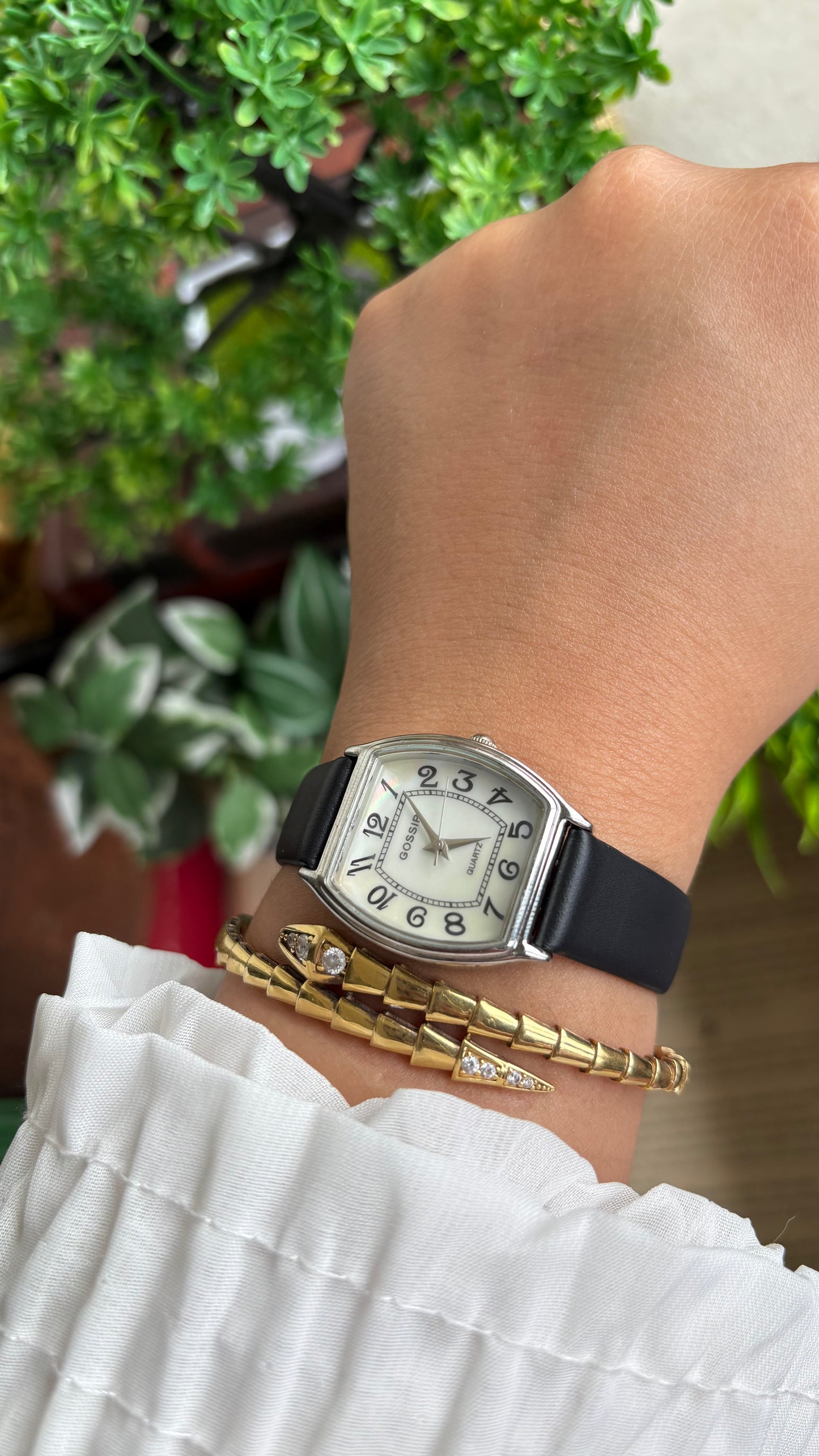 Vintage Gossip Watch in Black Leather Strap Pearl Dial Franck Muller Style