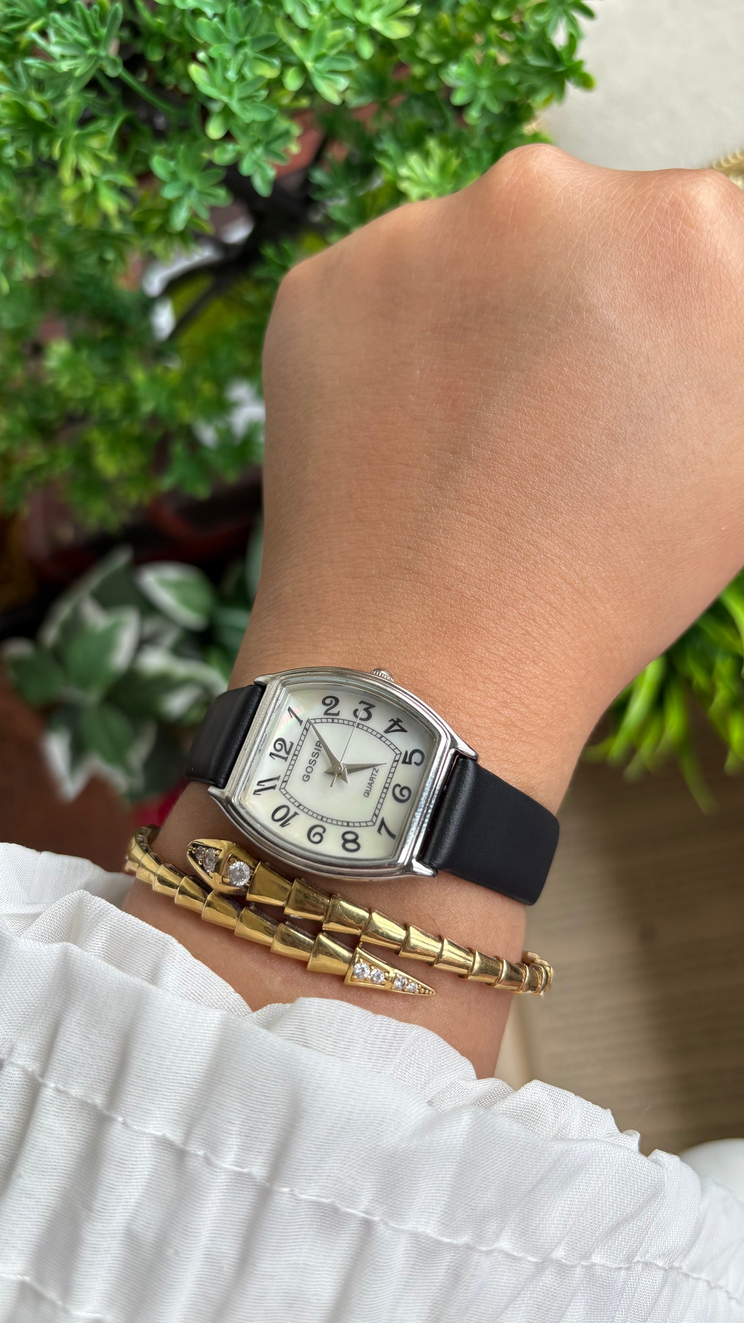 Vintage Gossip Watch in Black Leather Strap Pearl Dial Franck Muller Style