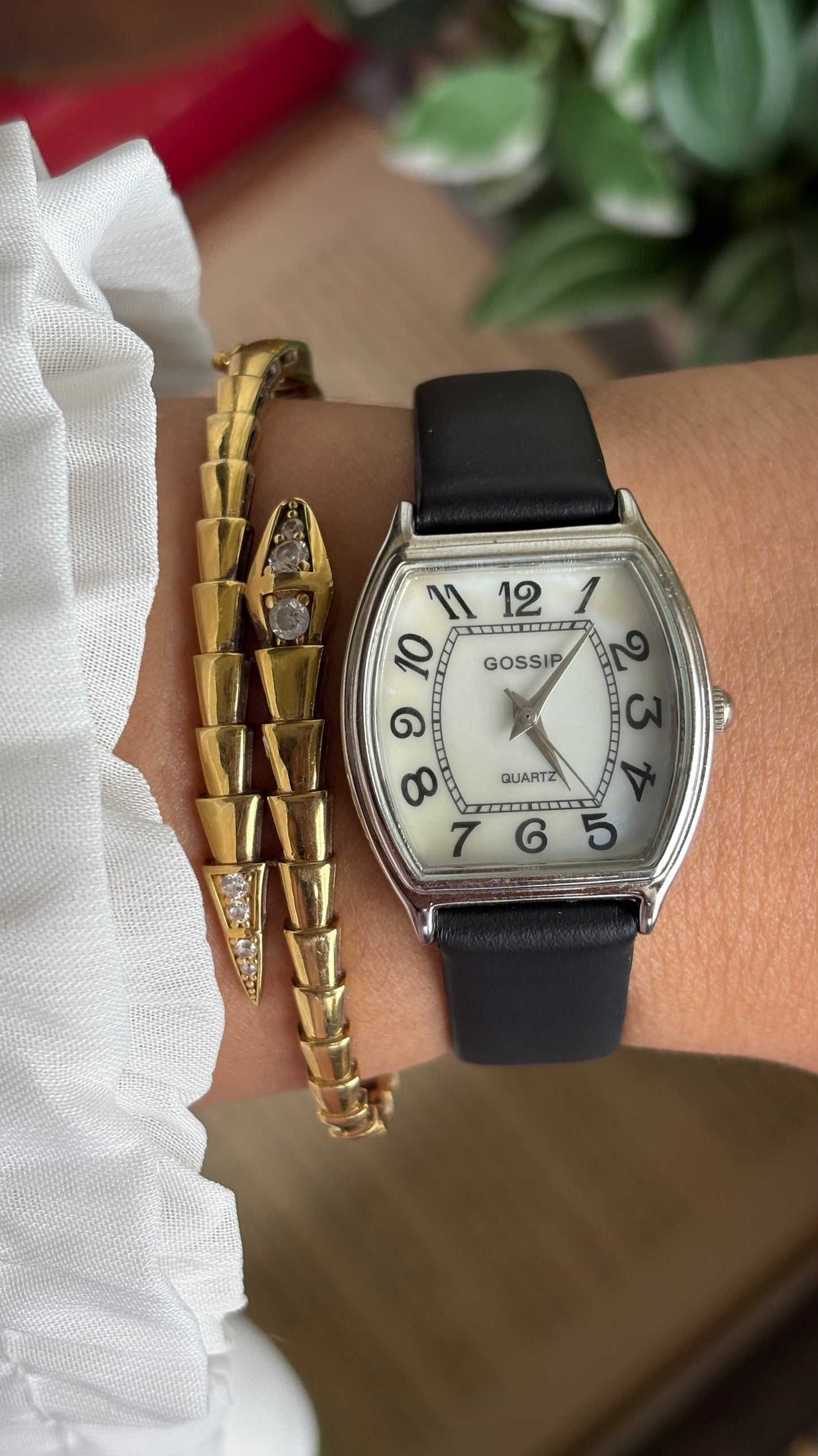 Vintage Gossip Watch in Black Leather Strap Pearl Dial Franck Muller Style
