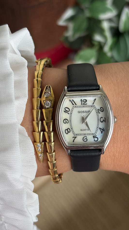 Vintage Gossip Watch in Black Leather Strap Pearl Dial Franck Muller Style