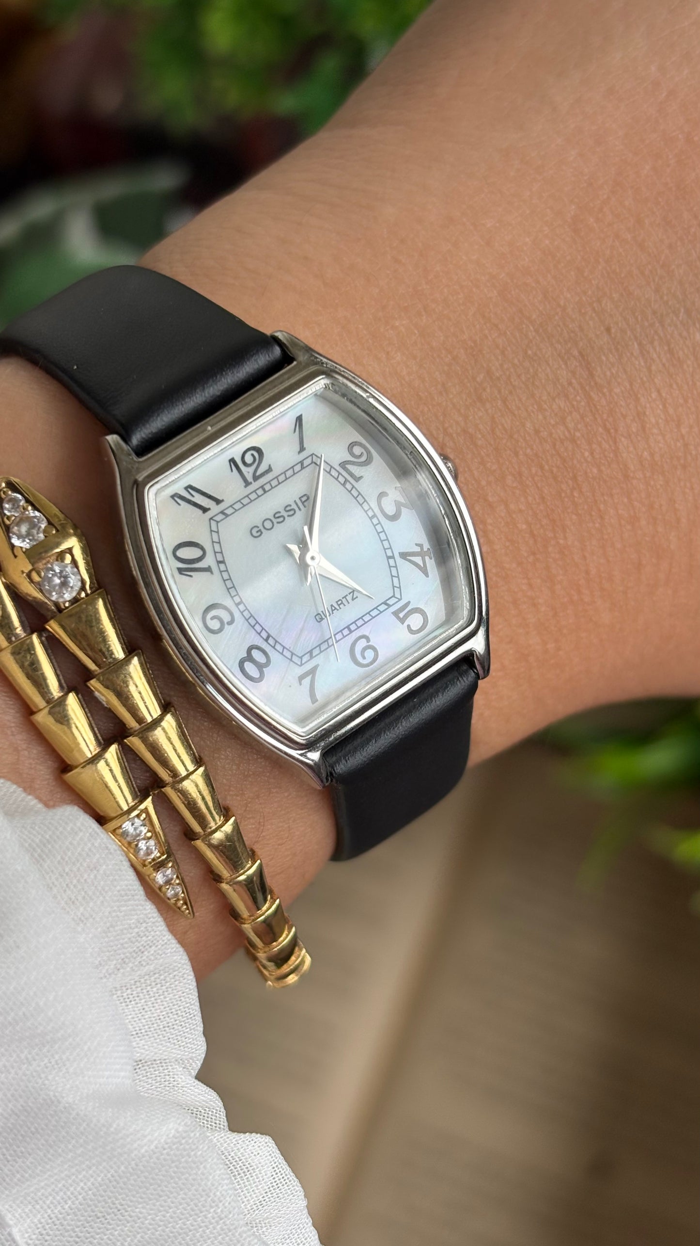 Vintage Gossip Watch in Black Leather Strap Pearl Dial Franck Muller Style