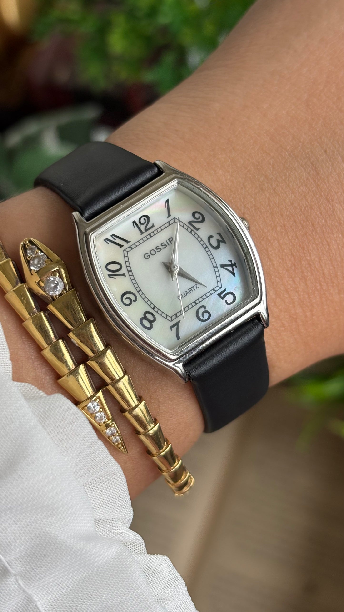 Vintage Gossip Watch in Black Leather Strap Pearl Dial Franck Muller Style