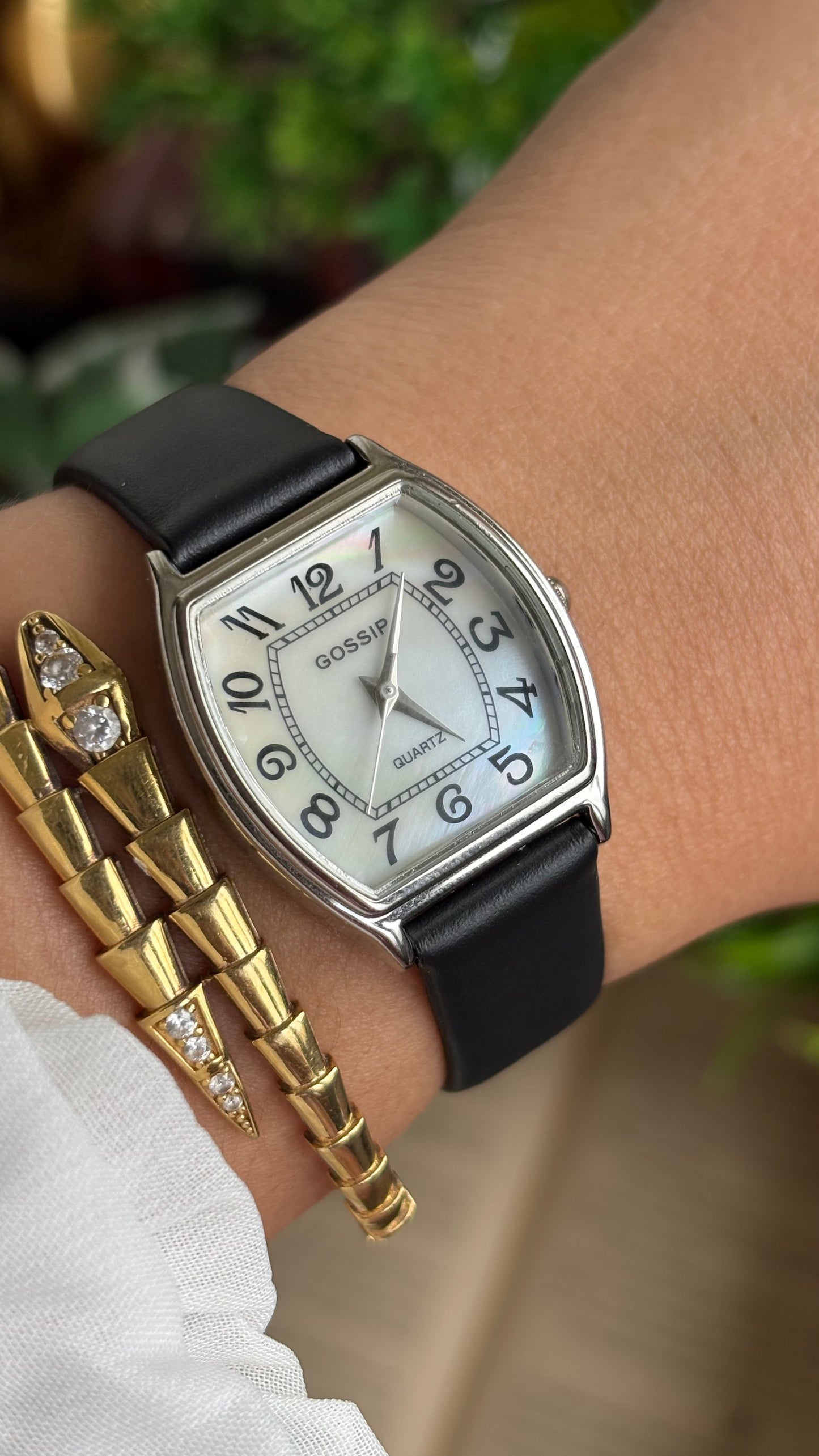 Vintage Gossip Watch in Black Leather Strap Pearl Dial Franck Muller Style