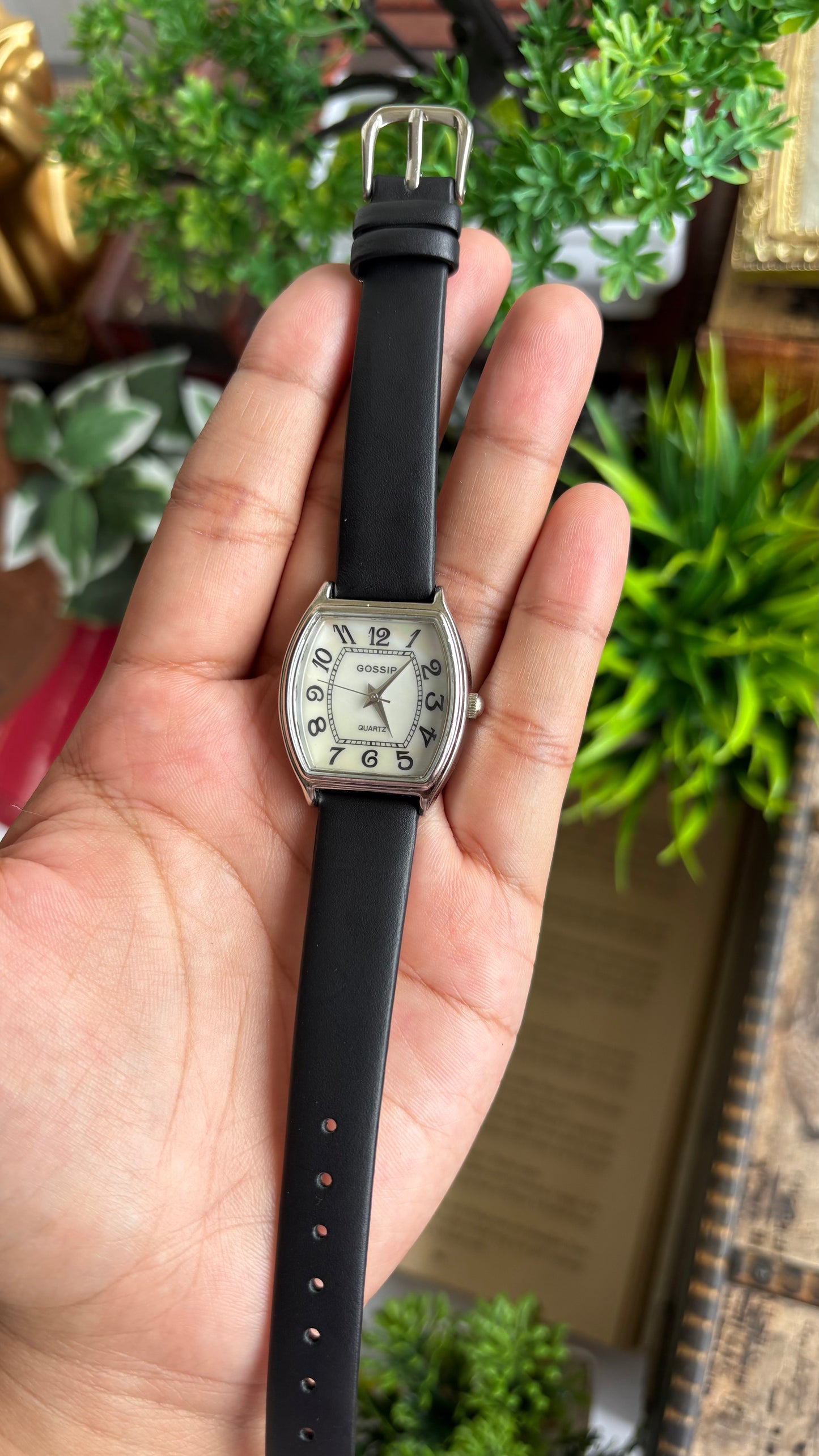 Vintage Gossip Watch in Black Leather Strap Pearl Dial Franck Muller Style