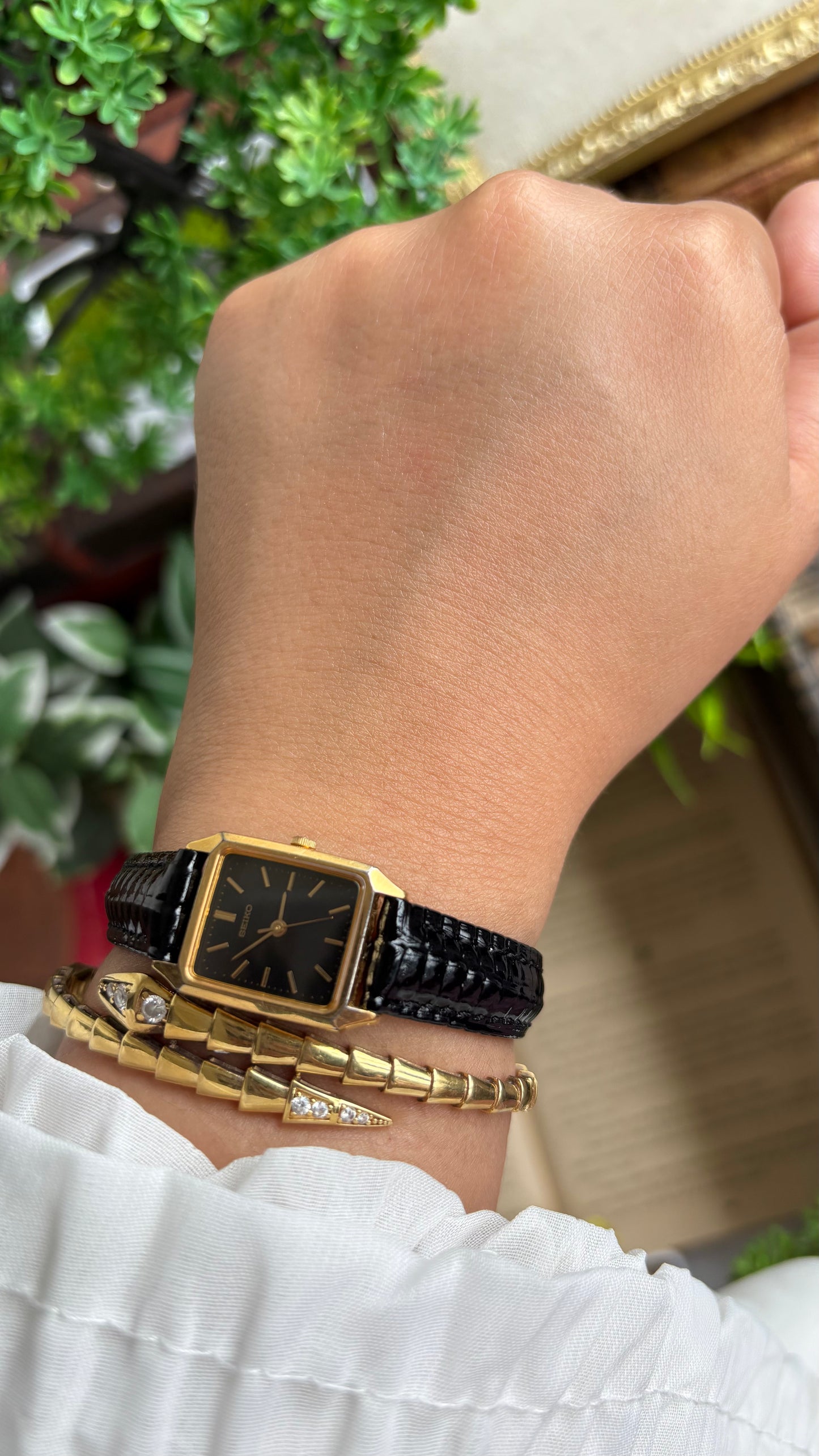 Vintage Seiko Mini Tank Women’s Dress Watch in Black Leather Strap Black Dial