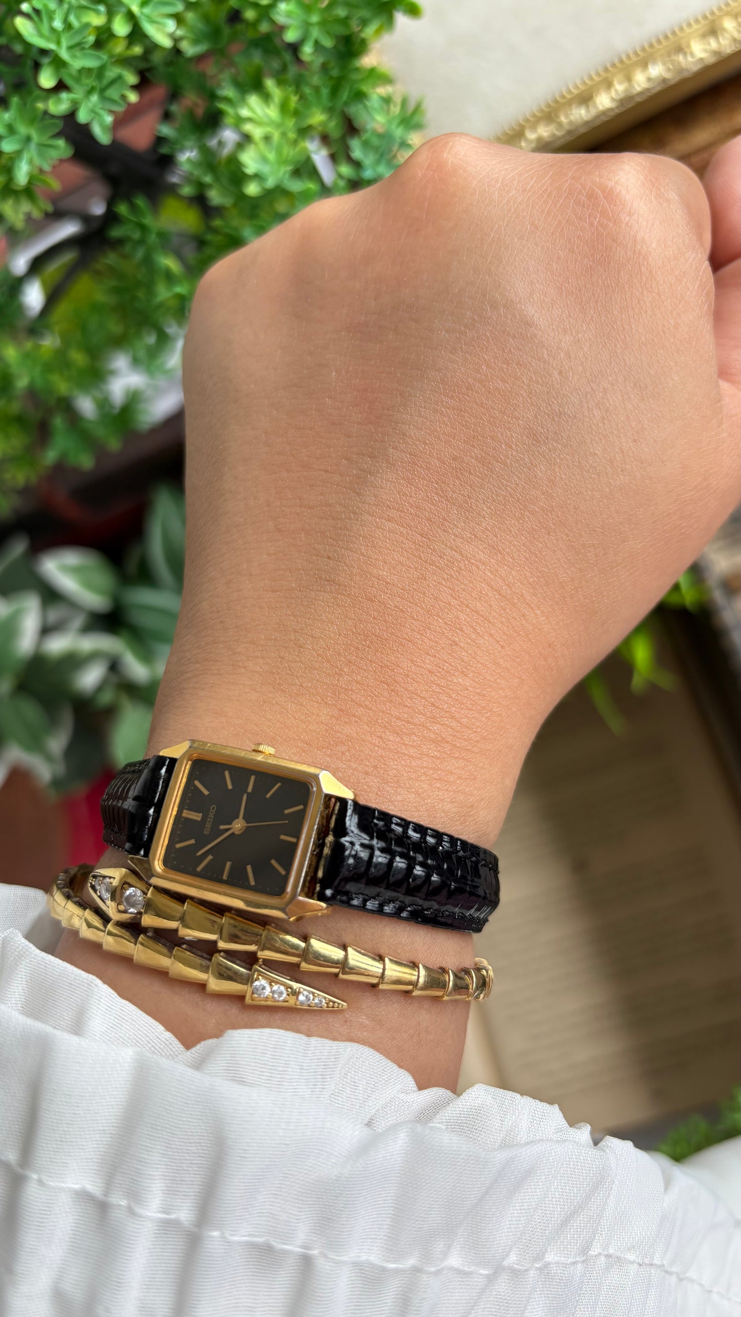 Vintage Seiko Mini Tank Women’s Dress Watch in Black Leather Strap Black Dial