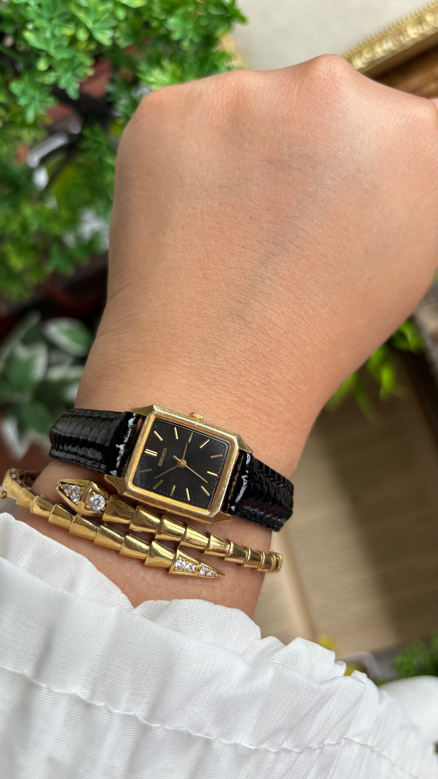 Vintage Seiko Mini Tank Women’s Dress Watch in Black Leather Strap Black Dial