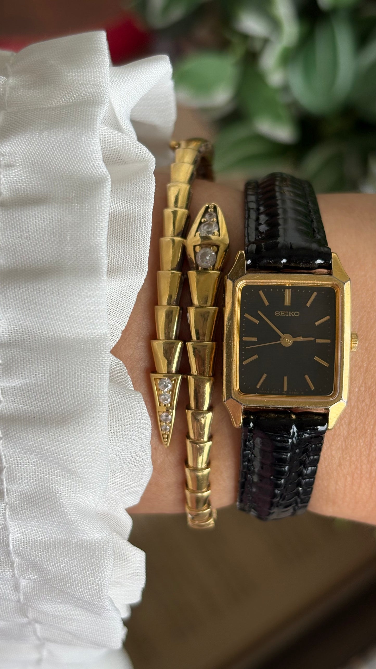 Vintage Seiko Mini Tank Women’s Dress Watch in Black Leather Strap Black Dial