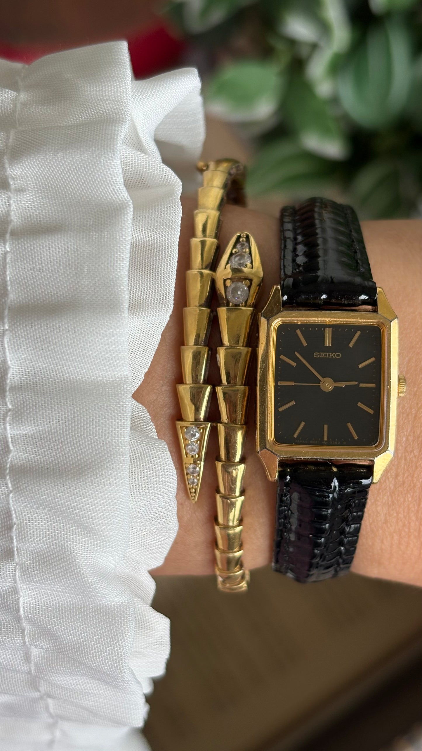 Vintage Seiko Mini Tank Women’s Dress Watch in Black Leather Strap Black Dial
