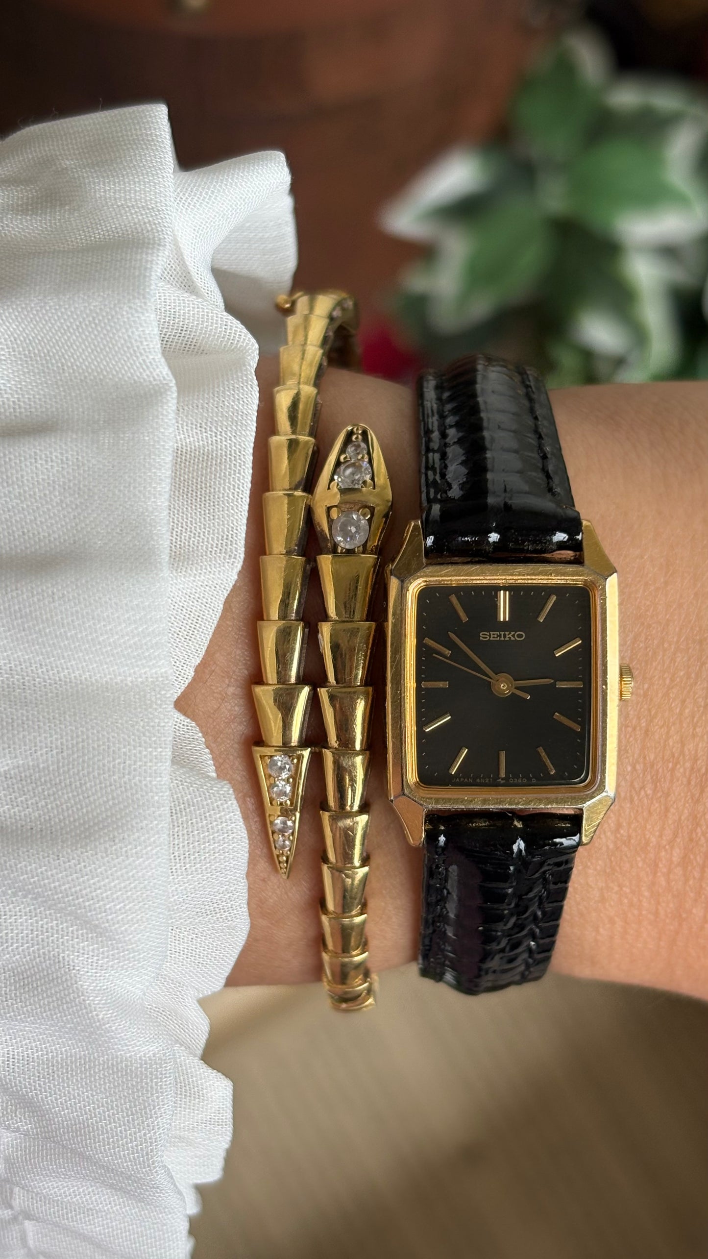 Vintage Seiko Mini Tank Women’s Dress Watch in Black Leather Strap Black Dial